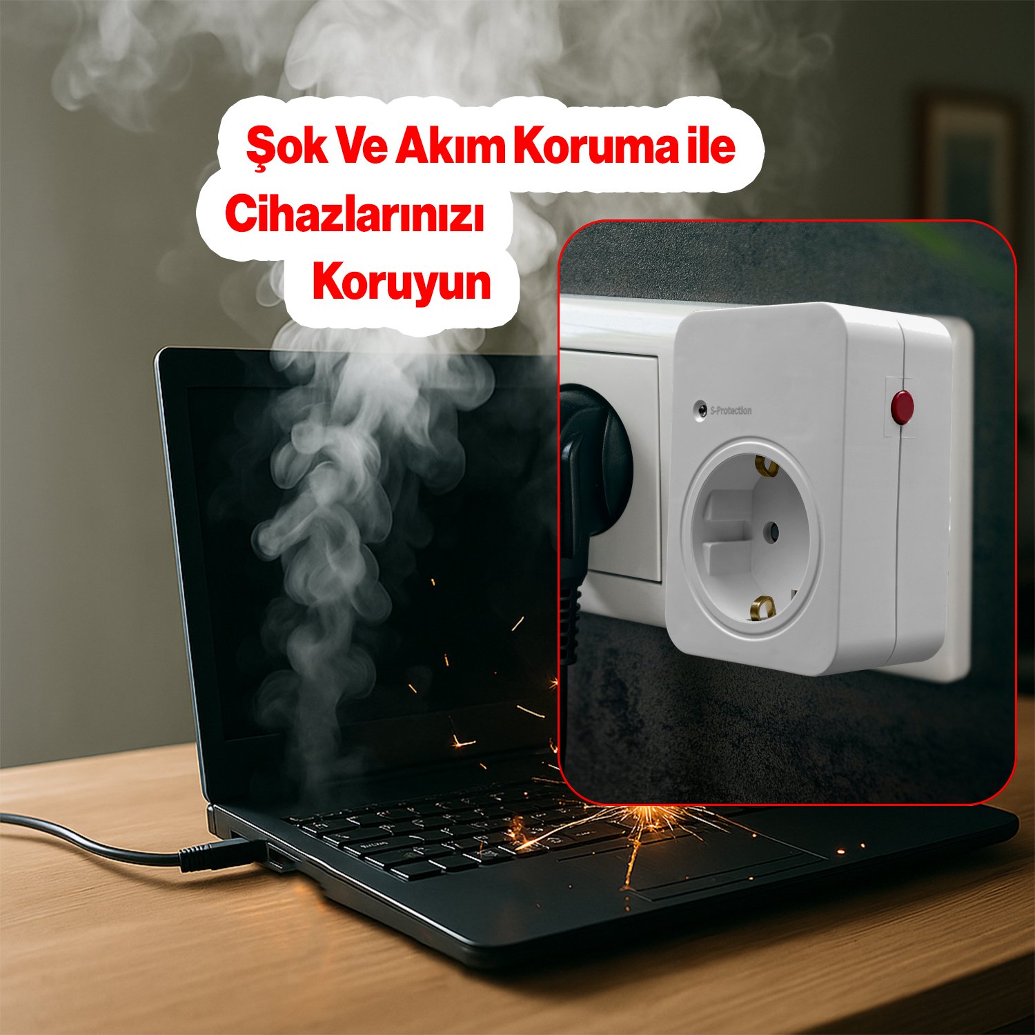 Akım & Şok Korumalı Tekli Priz Açma Kapama Düğmeli Çoçuk Korumalı Fiş 720 Joule IP20 3600 W Koruma