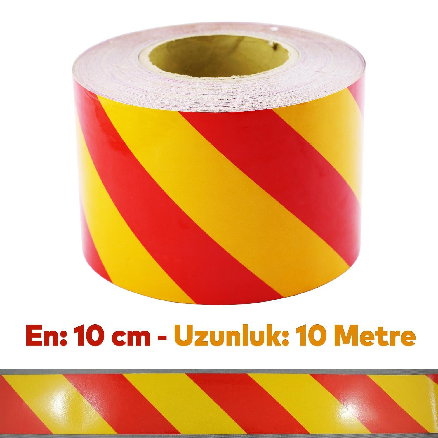 Reflektörlü Yapışkanlı Parlayan Fosfor Sarı Kırmızı 10 Mt Reflektif Düz Şerit Bant 10 cm İkaz Bandı