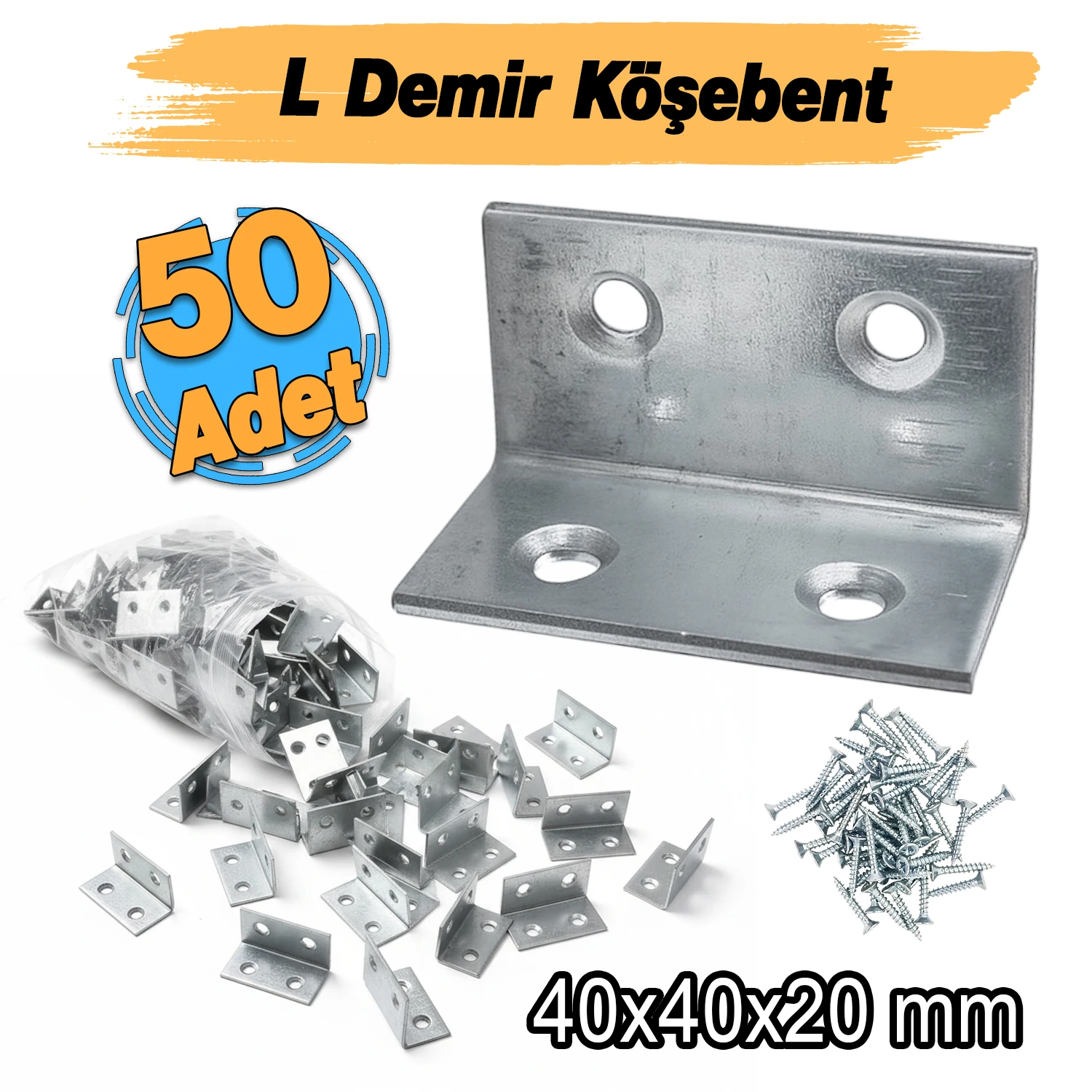 (50 ADET) Metal Köşebent 40x20x20 mm L Demiri Gönye Mobilya Dolap Duvar Sabitleme Bağlantı Aparatı