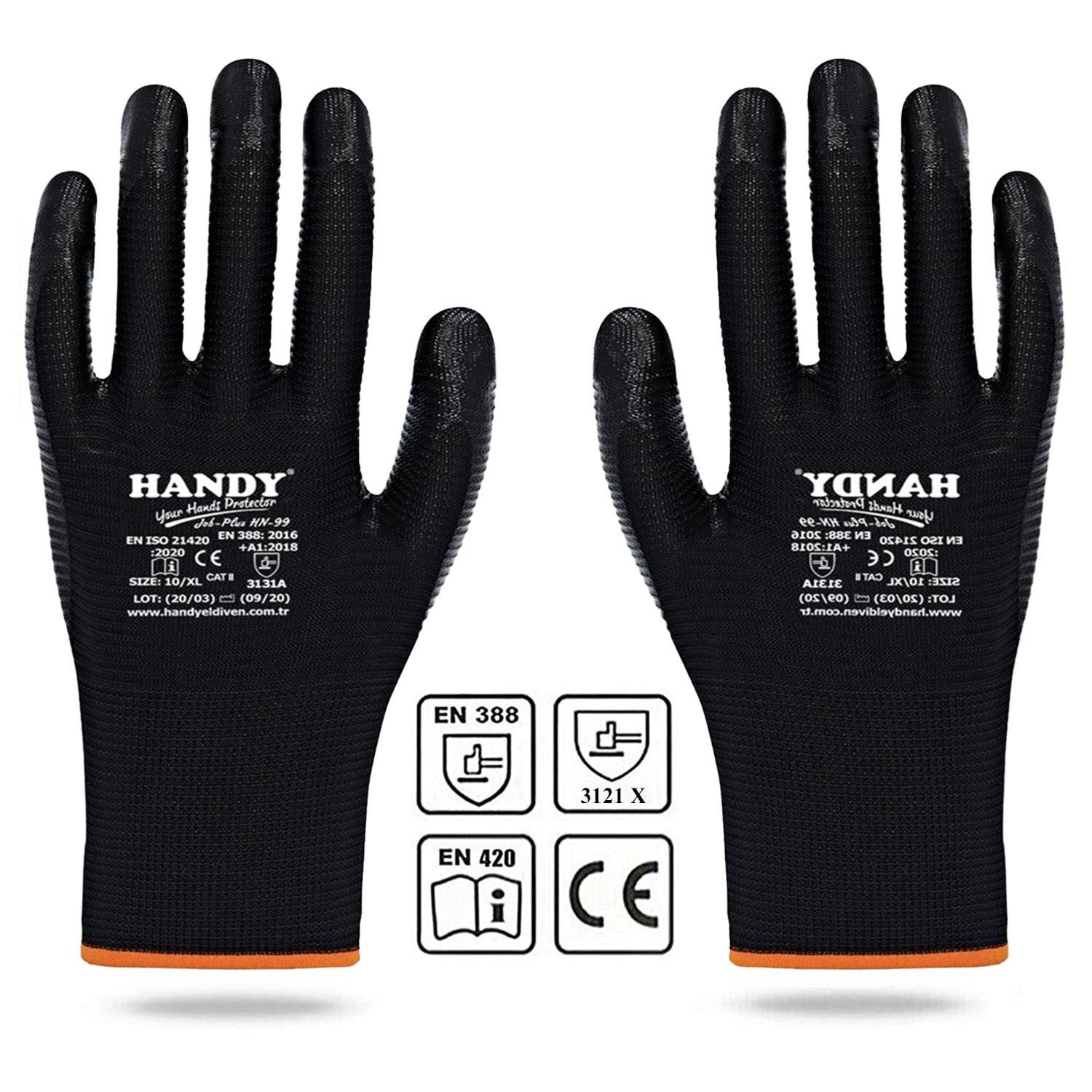 Handy HN-99 Nitril Kaplama Sanayi Usta Eldiveni Koruyucu Eldiven Siyah No: 10/XL (1 Çift)