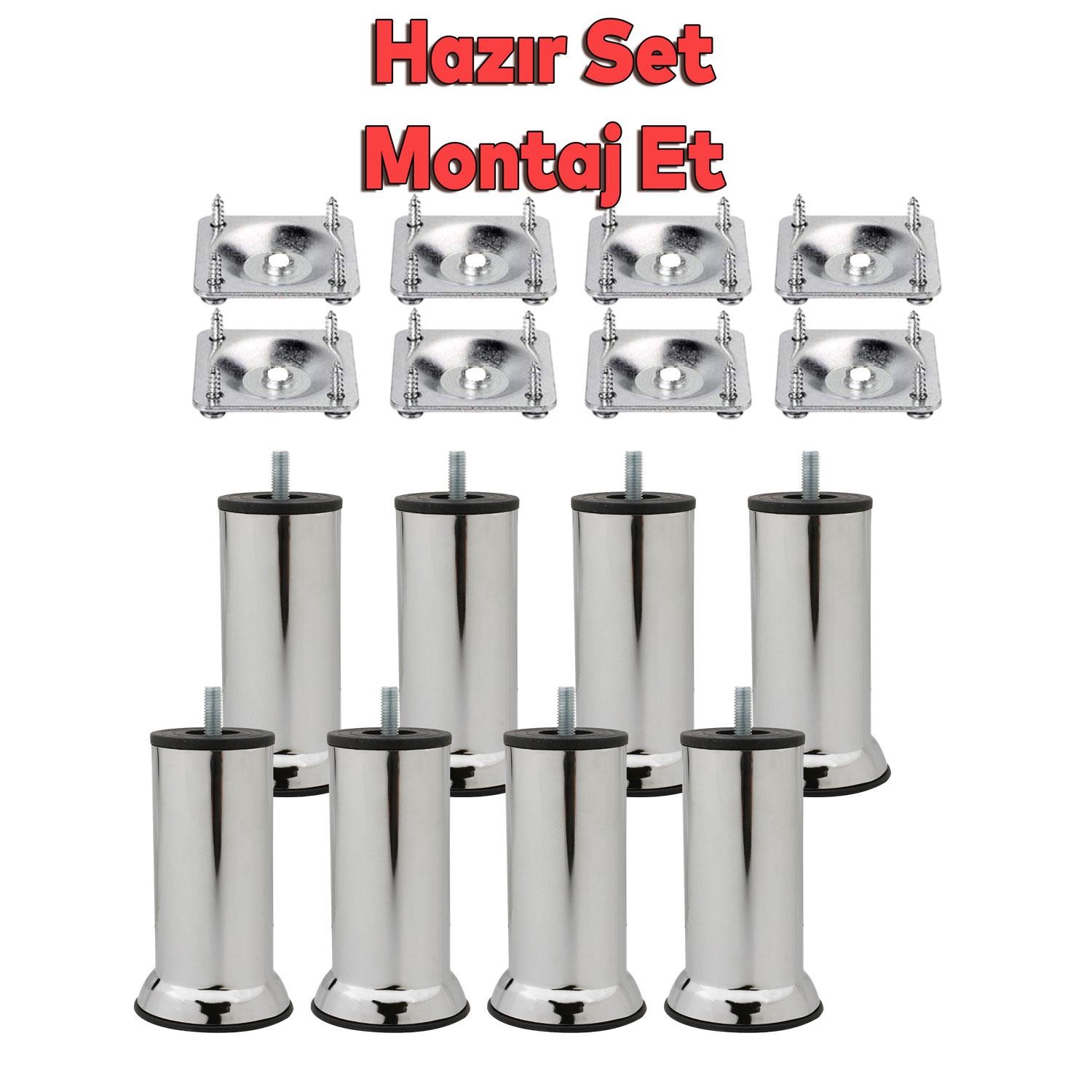 8'li Set Metal Mobilya Kanepe Koltuk Baza Yatak Çekyat Yükseltme Ayağı Ayakları M8 Civata Krom 12 Cm
