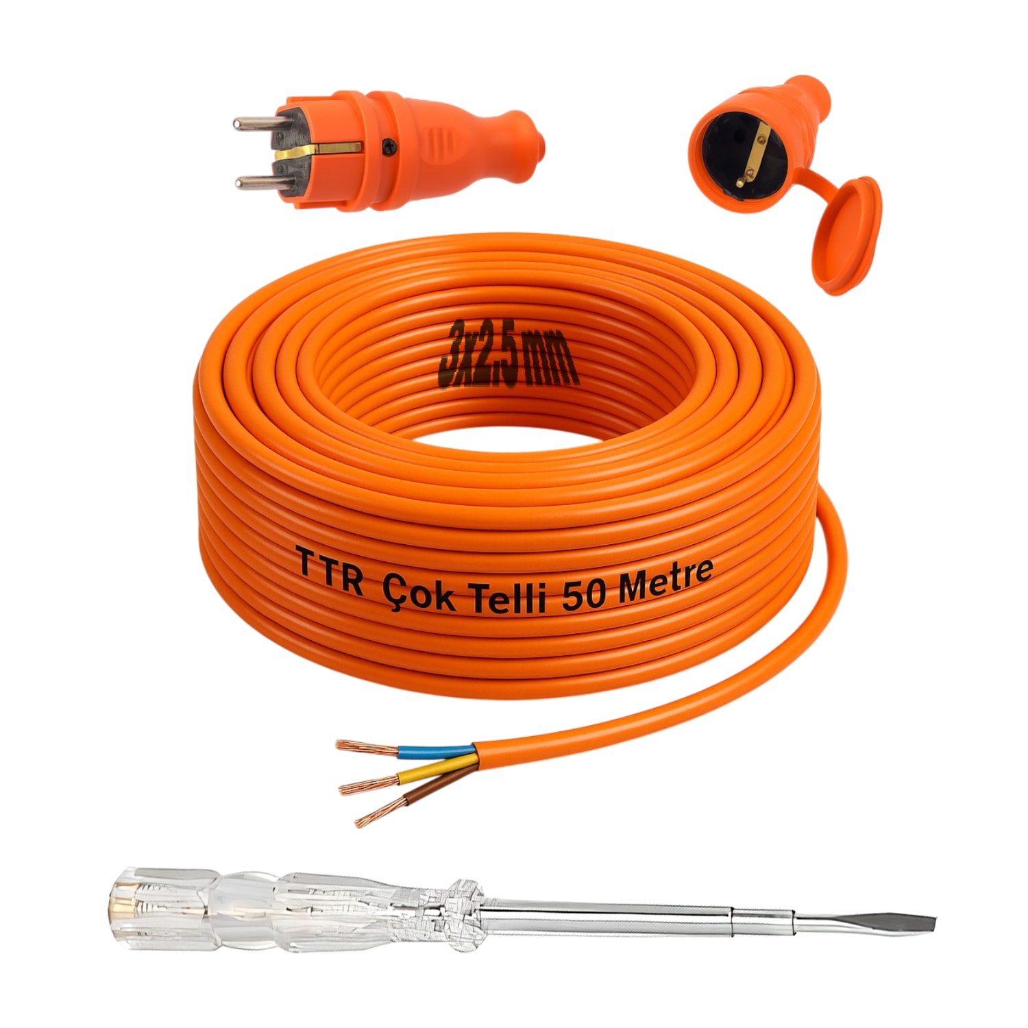 Seyyar 50 Metre Uzatma Kablosu TTR CCA Telli 3x2.5 mm Elektrik Kablo Kontrol Kalem Dişi Erkek Fiş