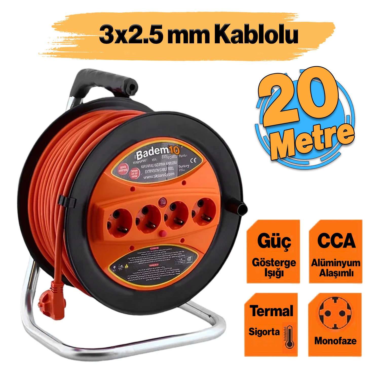 Bylion PMK-20325-F Plastik Makaralı Seyyar CCA Kablo 4 Prizli Uzatma Kablosu 3x2.5 mm 20 Metre Alüminyum Alaşım Kablosu