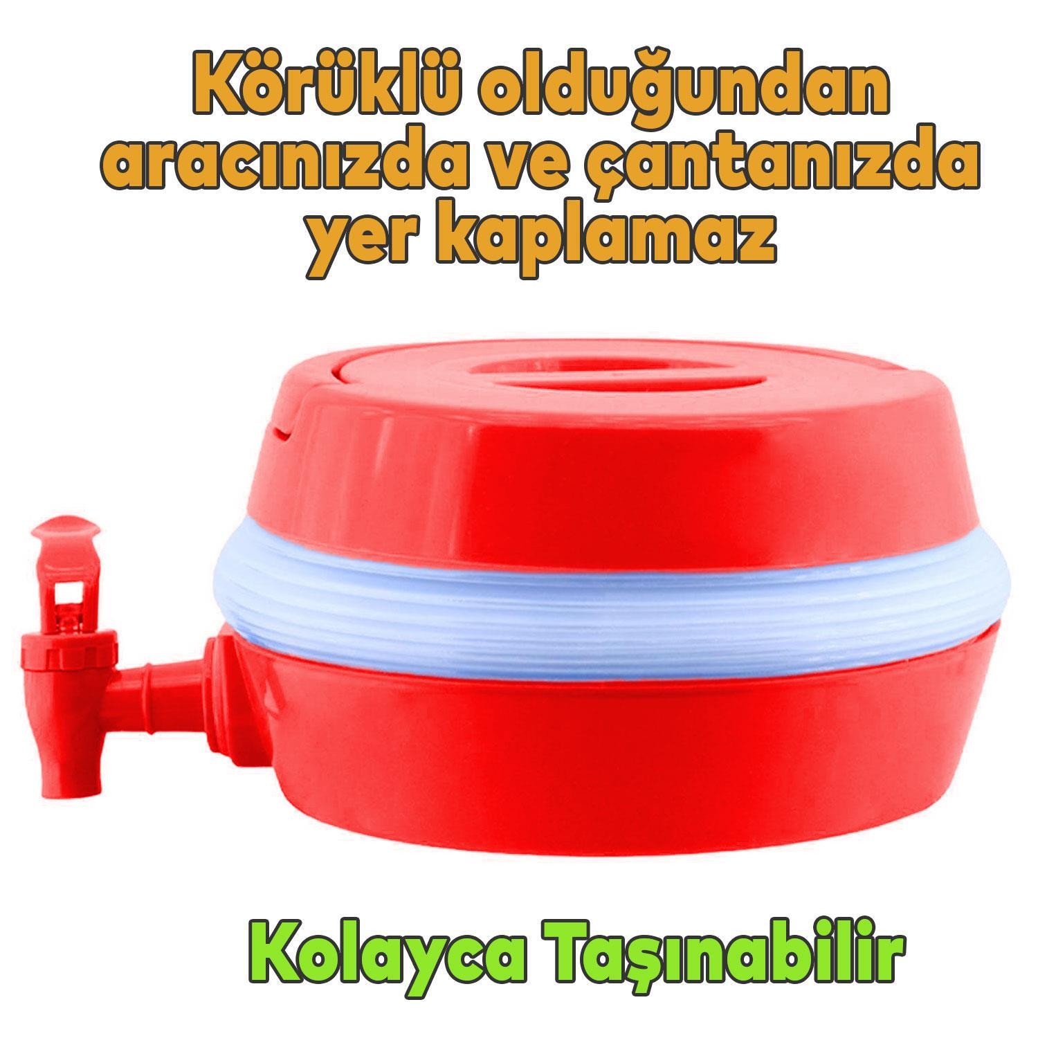 Akordiyonlu Su Sebili Meşrubat İçecek Kabı Bidonu Damacana Katlanabilir Musluklu Körüklü 5.5 Litre Termos Piknik Kamp Mangal Kırmızı