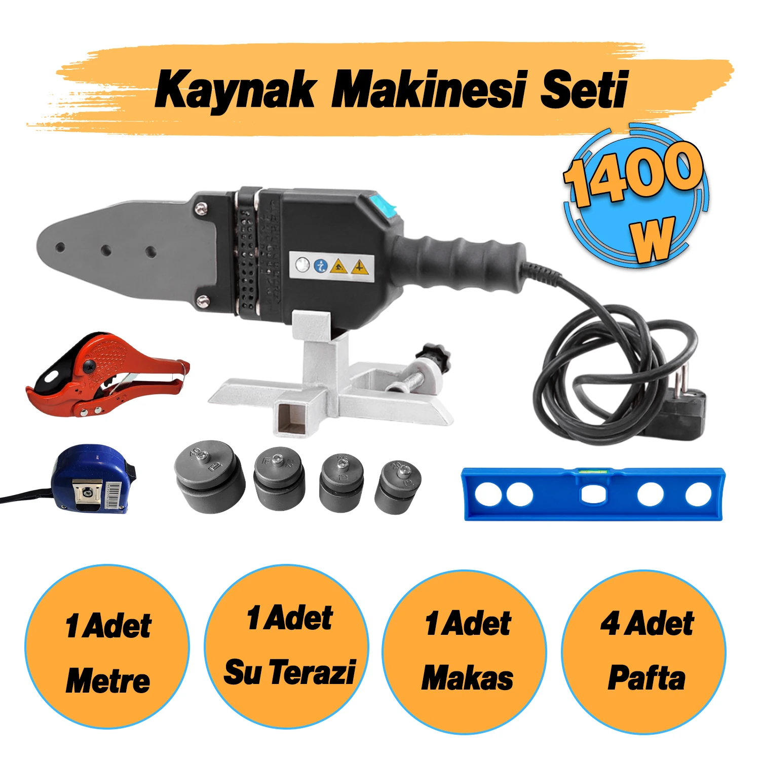 Kaynak Makinesi 1400 W PPRC Pvc Plastik Boru Makası Terazi Pafta Metre Seti 40 mm 32 mm 25 mm 20 mm