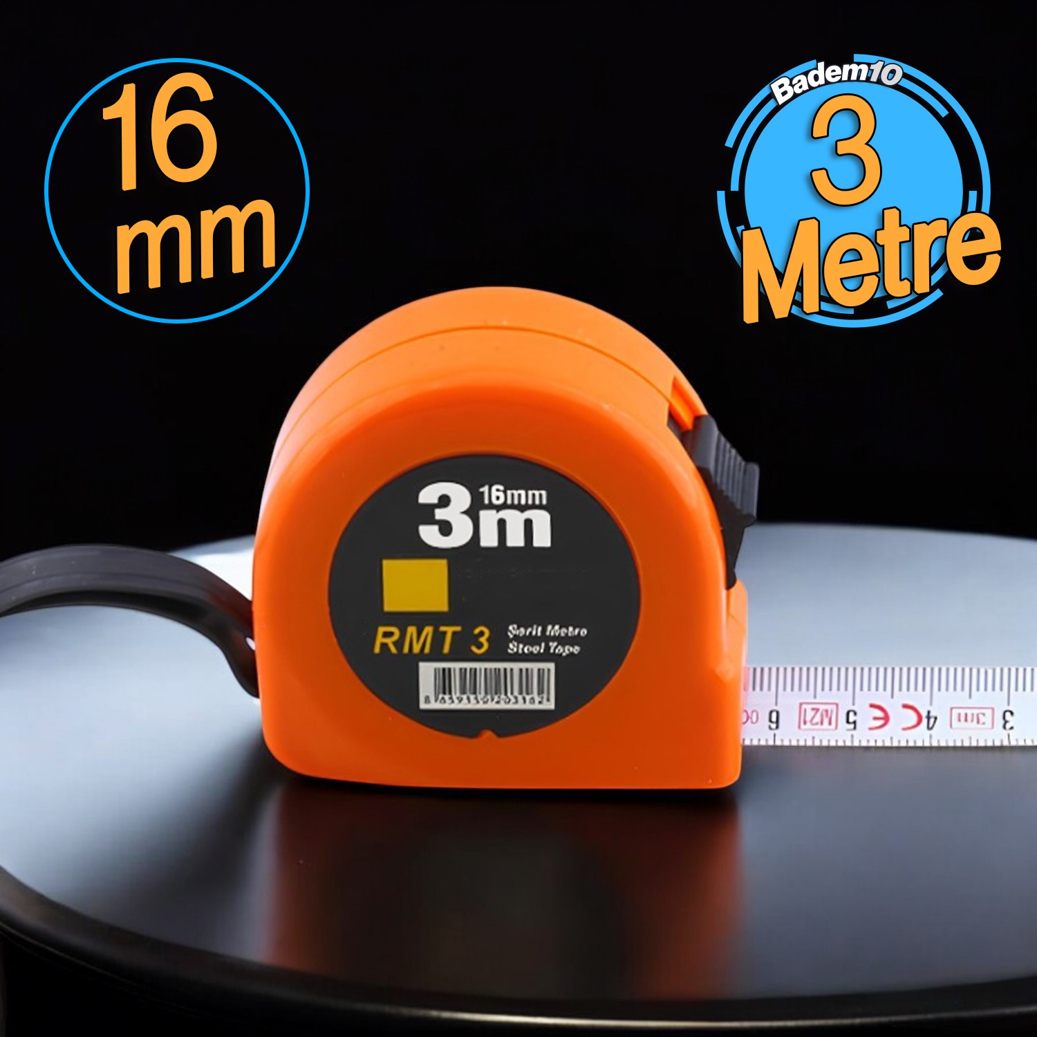 Şerit Metal Bükülebilir Metre 3 m x 16 mm Turuncu Renk Düğmeli Ölçüm Ölçme Plastik Kasalı