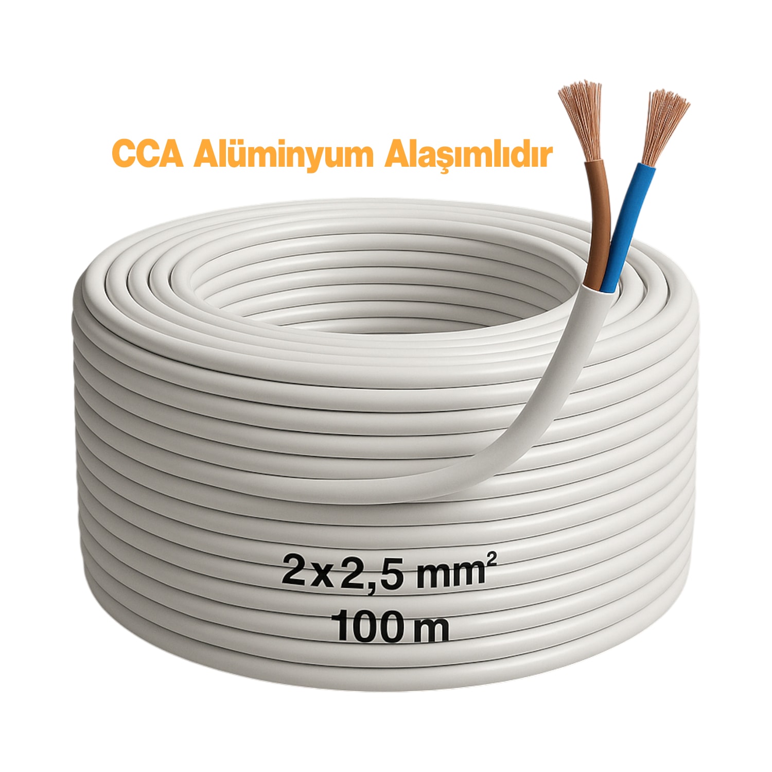 CCA Çok Telli Kablo 2x2.5 mm 100 Metre Elektrik Kablosu Topraklama Yok Alüminyum Alışım Beyaz Renk