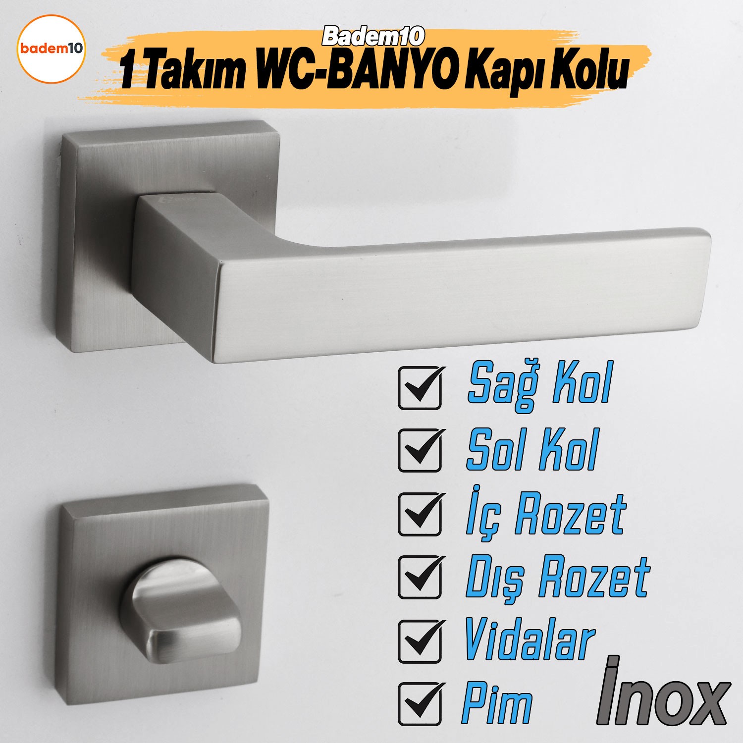 Paytak İNOX Wc-Banyo Kapı Kolu Kare Rozetli Sağa Sola Uygun İç Dış Kapısı Kilitlenebilir 1 Takım
