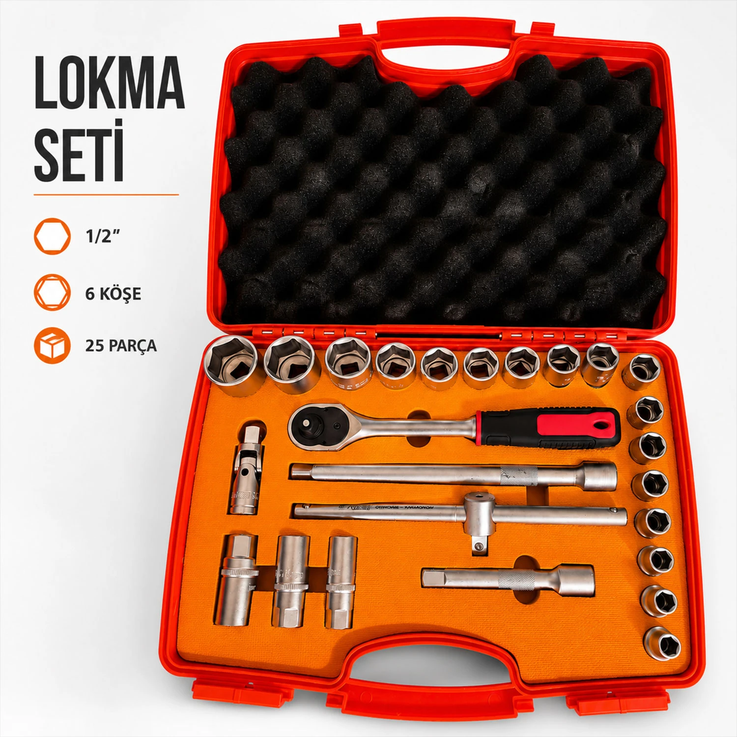 Lokma Seti Vidalı tip 1/2 6 Köşe 25 Parça Ağır Hizmet Krom