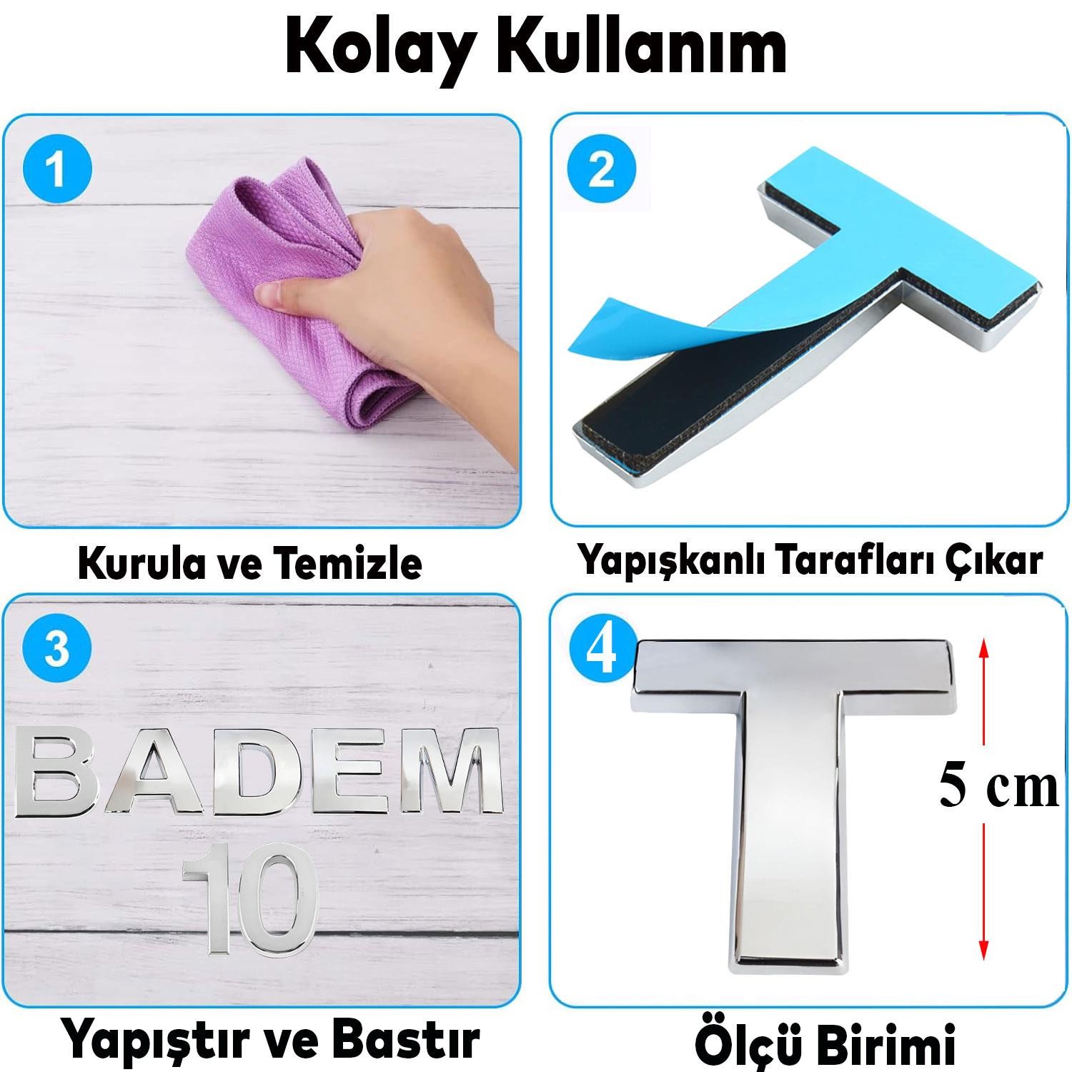 Harf Yapışkanlı T Harfi 5 cm Kapı Oda Posta Kutusu Oto Araç Harfi Yazısı Parlak Krom Gümüş 