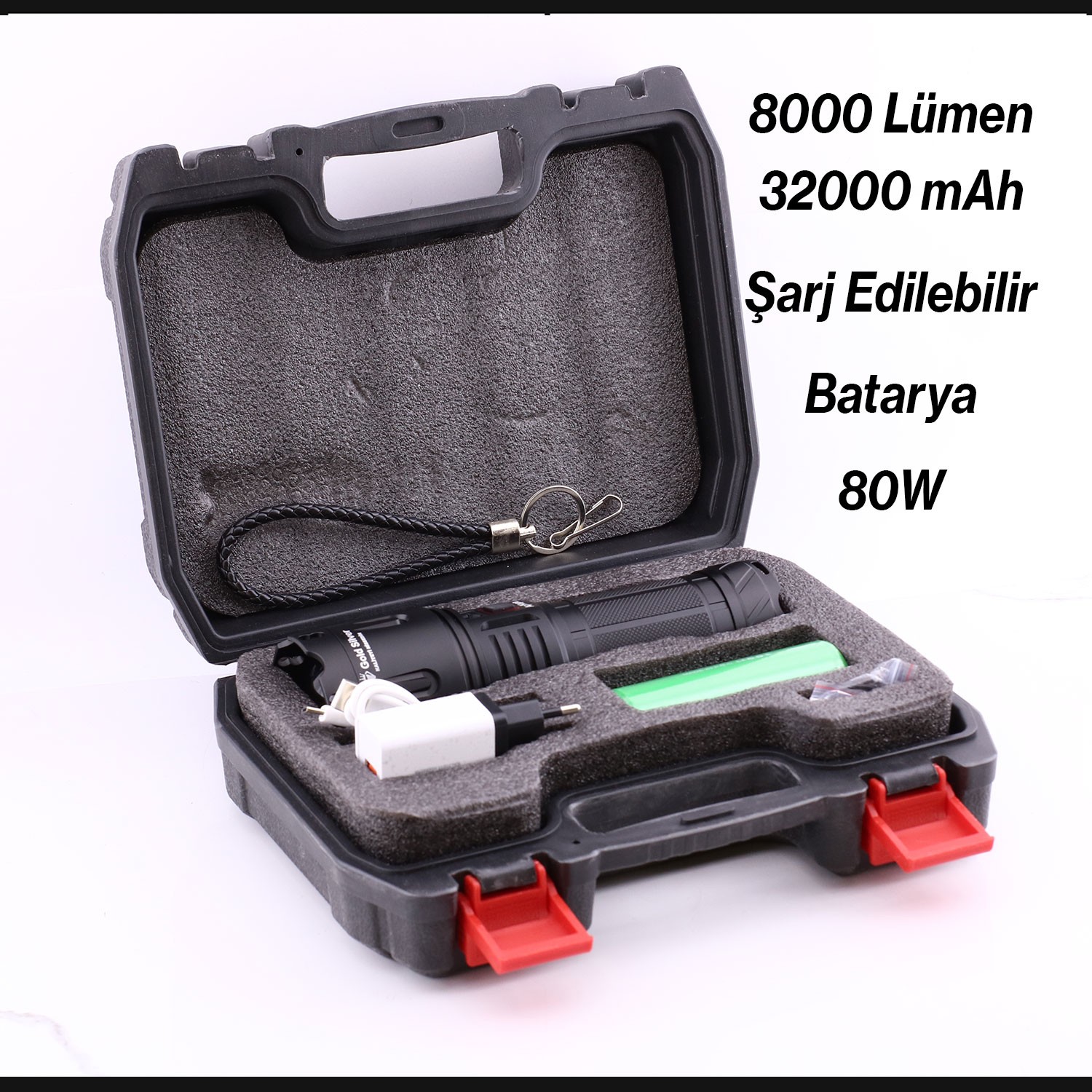 El Feneri 8000 Lümen 80W Zoomlu Uzun Menzil Şarjlı Powerbank Ledli Işık Lambası Su Geçirmez Kamp