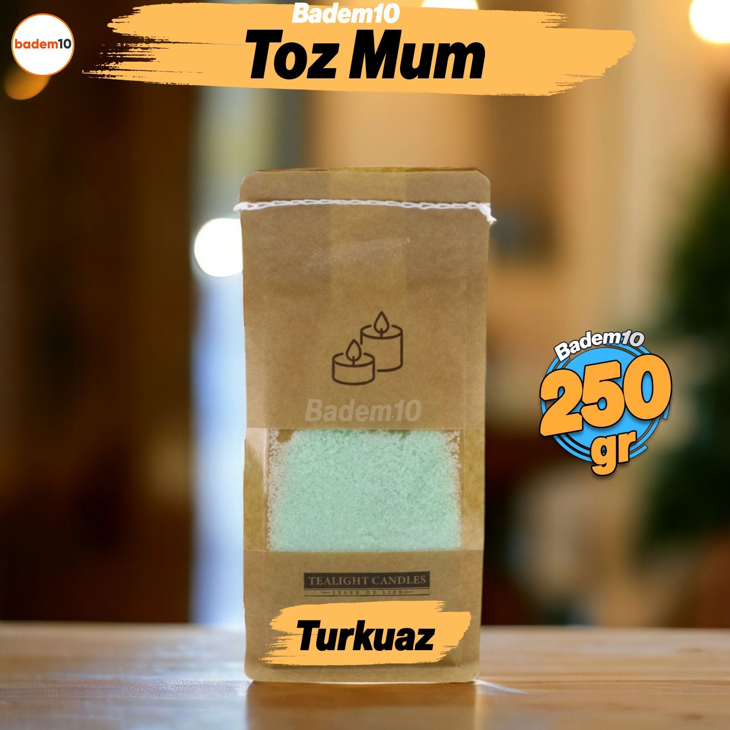 Toz Mum 250 Gr Dekoratif Mumu Kandil Hediyelik Fitilli Mumlar Şamdan Turkuaz Elma Kokulu