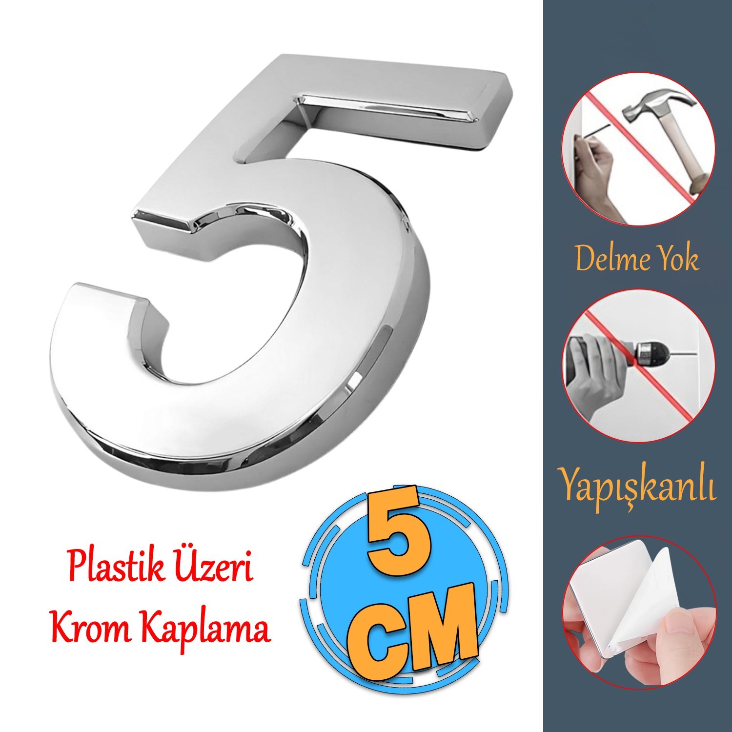 Yapışkanlı Kapı Numarası Küçük Boy 50 mm 5 cm Numara 5 Rakam Beş Sayısı Krom Renk Numaralar 1 Adet