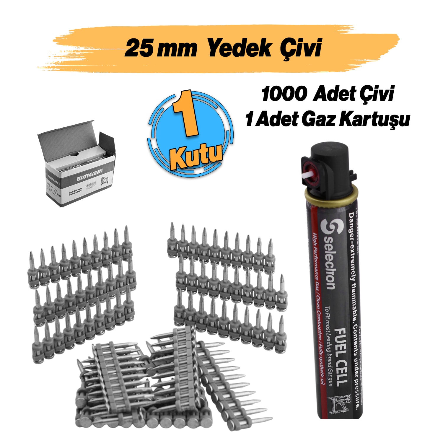 Gazlı Tabanca Çivisi 25 mm HGN-C25 / MGP26025 40 gram Gaz ve 1000 Adet Yedek Çivi 2.7 Kalınlık