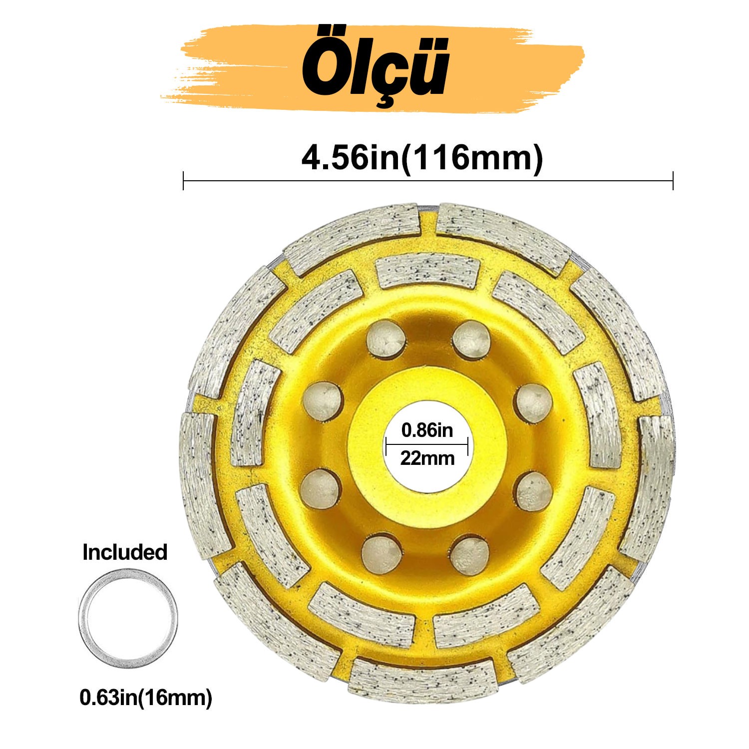 Beton Mermer Granit Taşlama Elmas Çanak Disk Yüzey Silme Temizleme Çift Sıra Segmanlı 115 mm