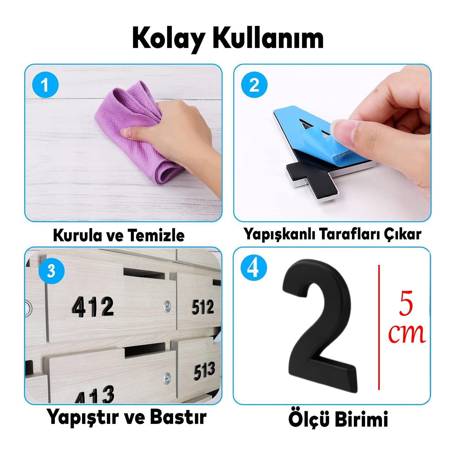 Yapışkanlı Kapı Numarası Küçük Boy 50 mm 5 cm Numara 2 Rakam İki Sayısı Siyah Renk Numaralar 1 Adet