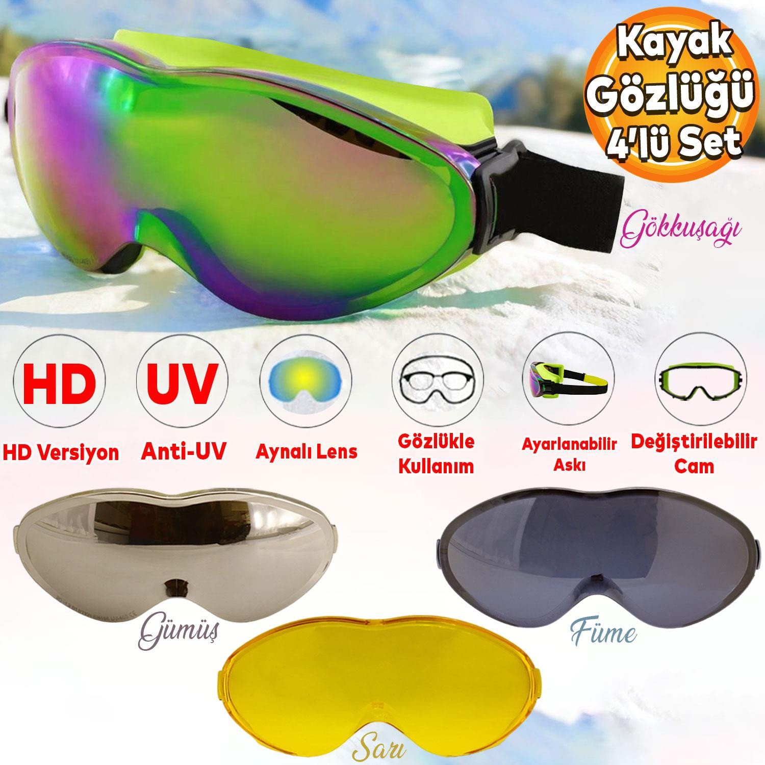 Bellasimo Kayak Gözlüğü Değiştirebilir Camlı AntiFog Güneş Kar Gözlük Gökkuşağı Snowboard Glasses Gözlük+3 Adet Yedek Cam