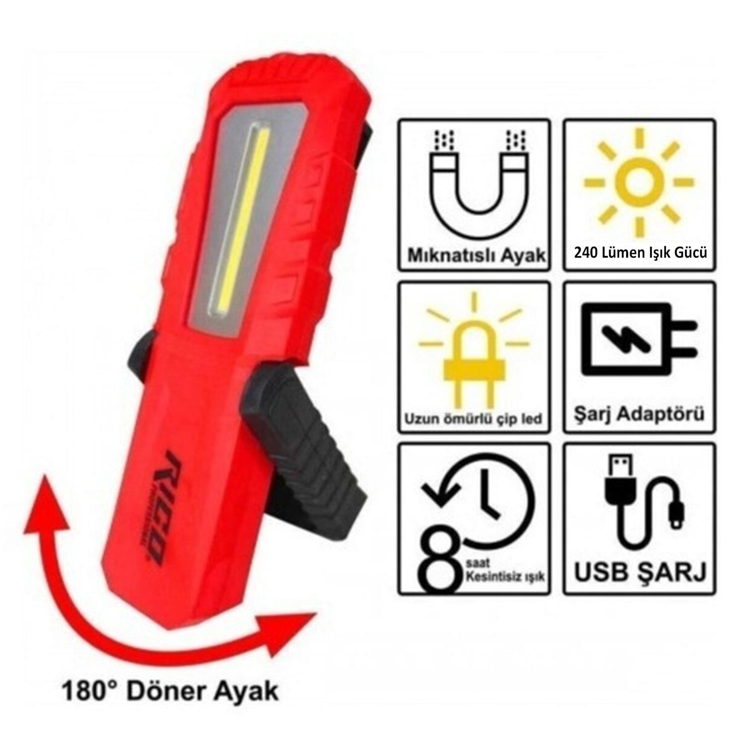 Rico RC0037 Ledli El Feneri Lambası 3 Modlu 240 Lümen Şarjlı Mıknatıslı Oto Tamir Spor Kamp IPx4 Fener