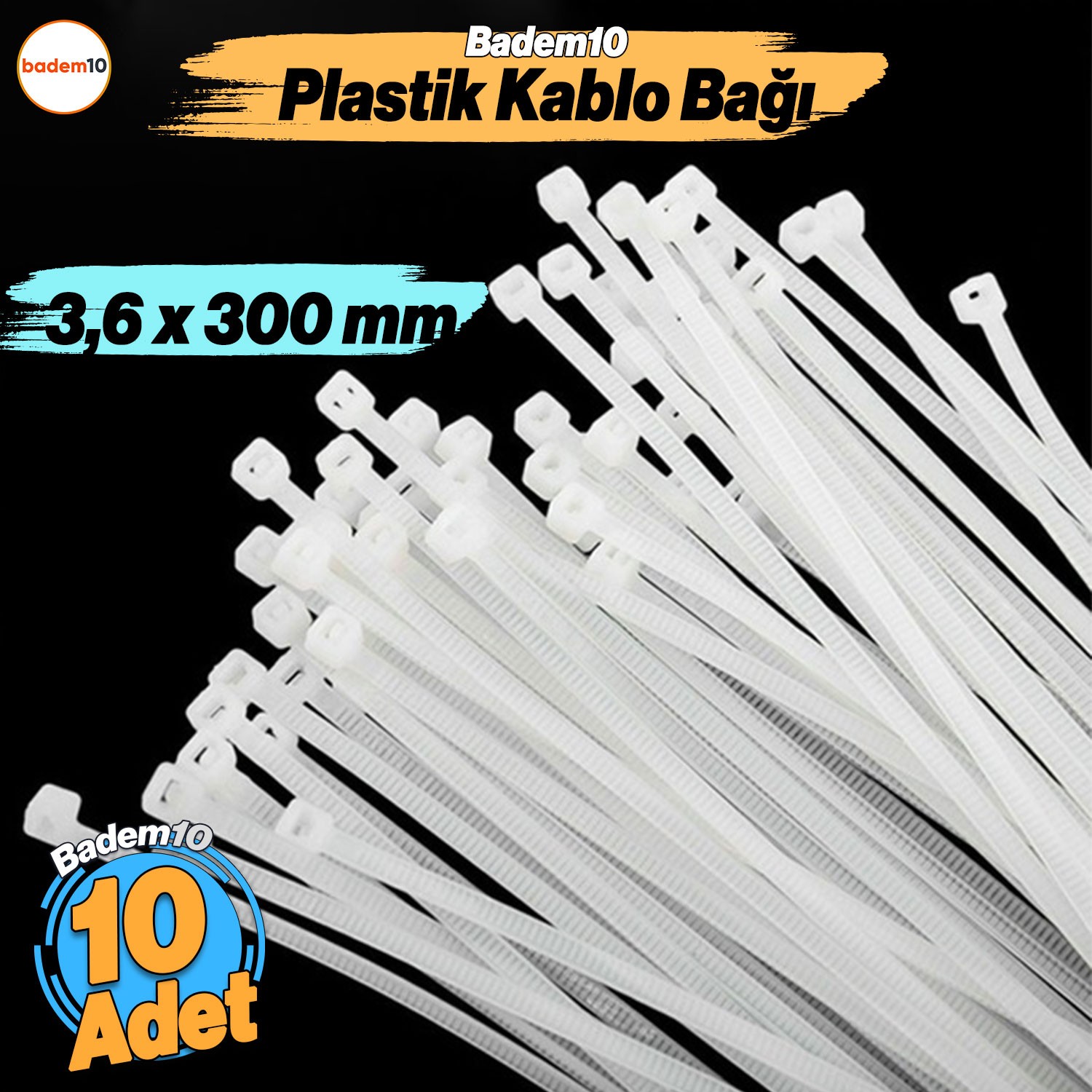 10 Adet Cırt Kelepçe 3,6x300 mm Plastik Beyaz Renk Kablo Zip Bağı Çok Amaçlı Bağlama