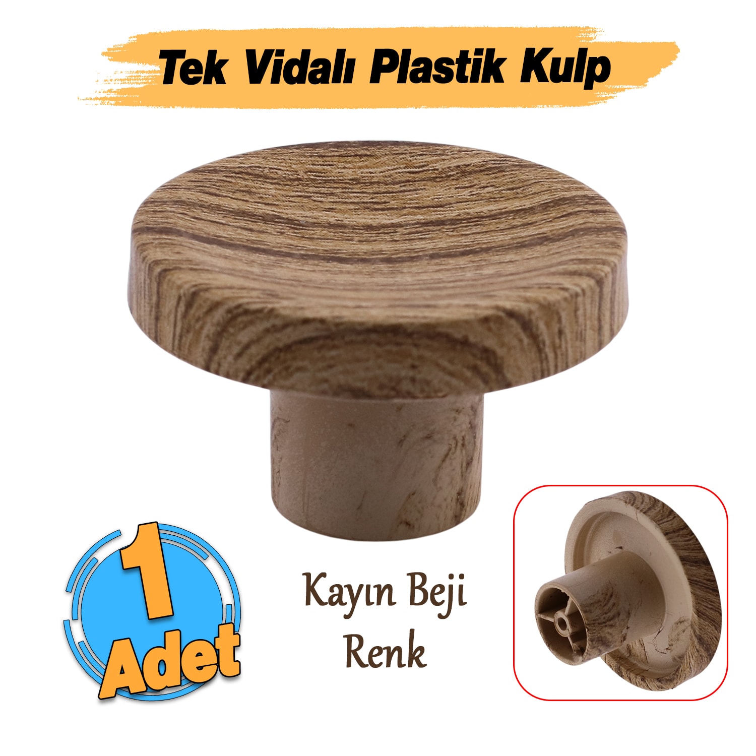 Tek Vidalı Bohem İç Bükey Plastik Düğme Kulp Kubik Kayın Bej Renk Mobilya Dolap Çekmece Kulpu Kulbu