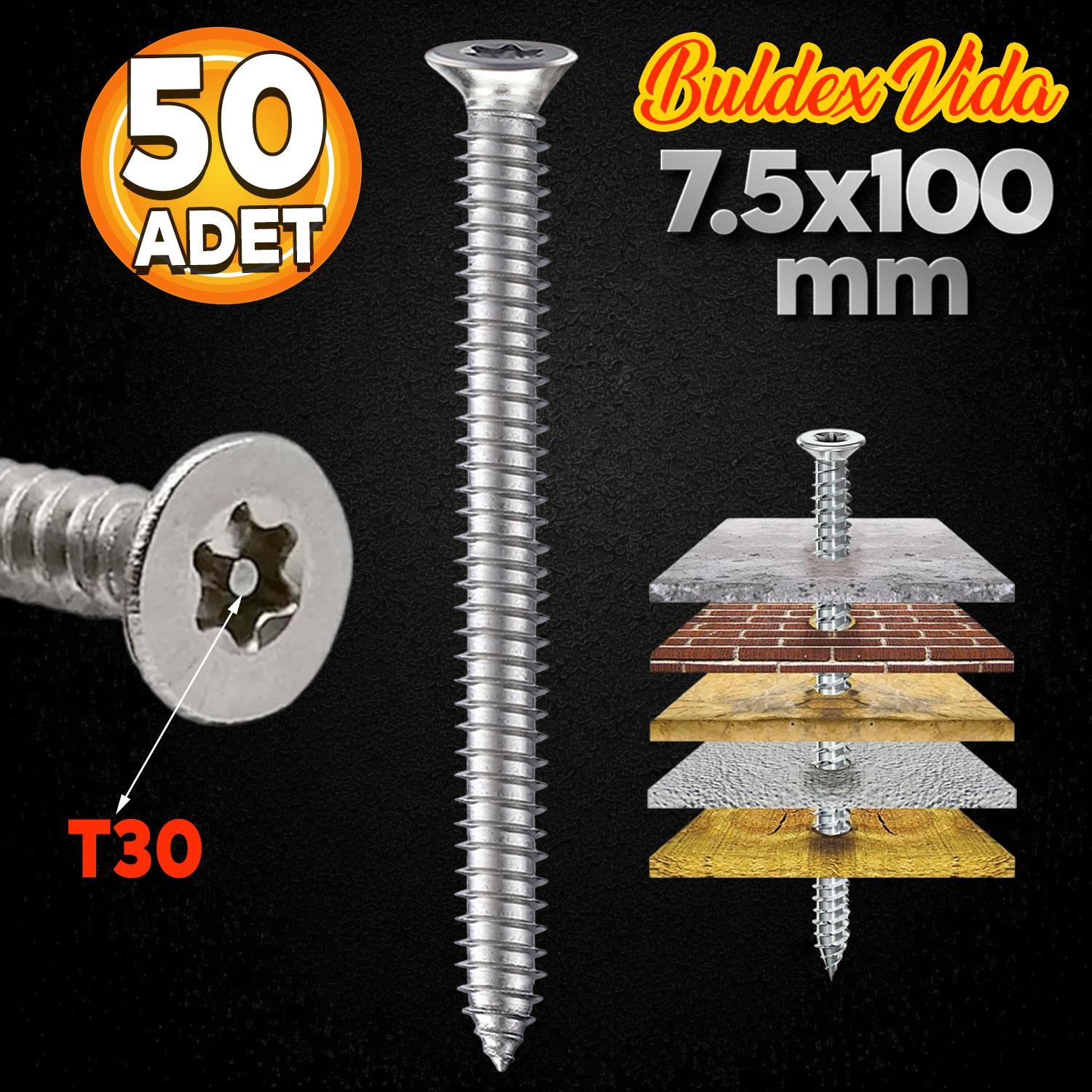 Buldex Vida 7.5x100 mm 50 ADET Sivri Uçlu Dübelsiz Beton Vidası Tork Duvar Vidası Buldeks