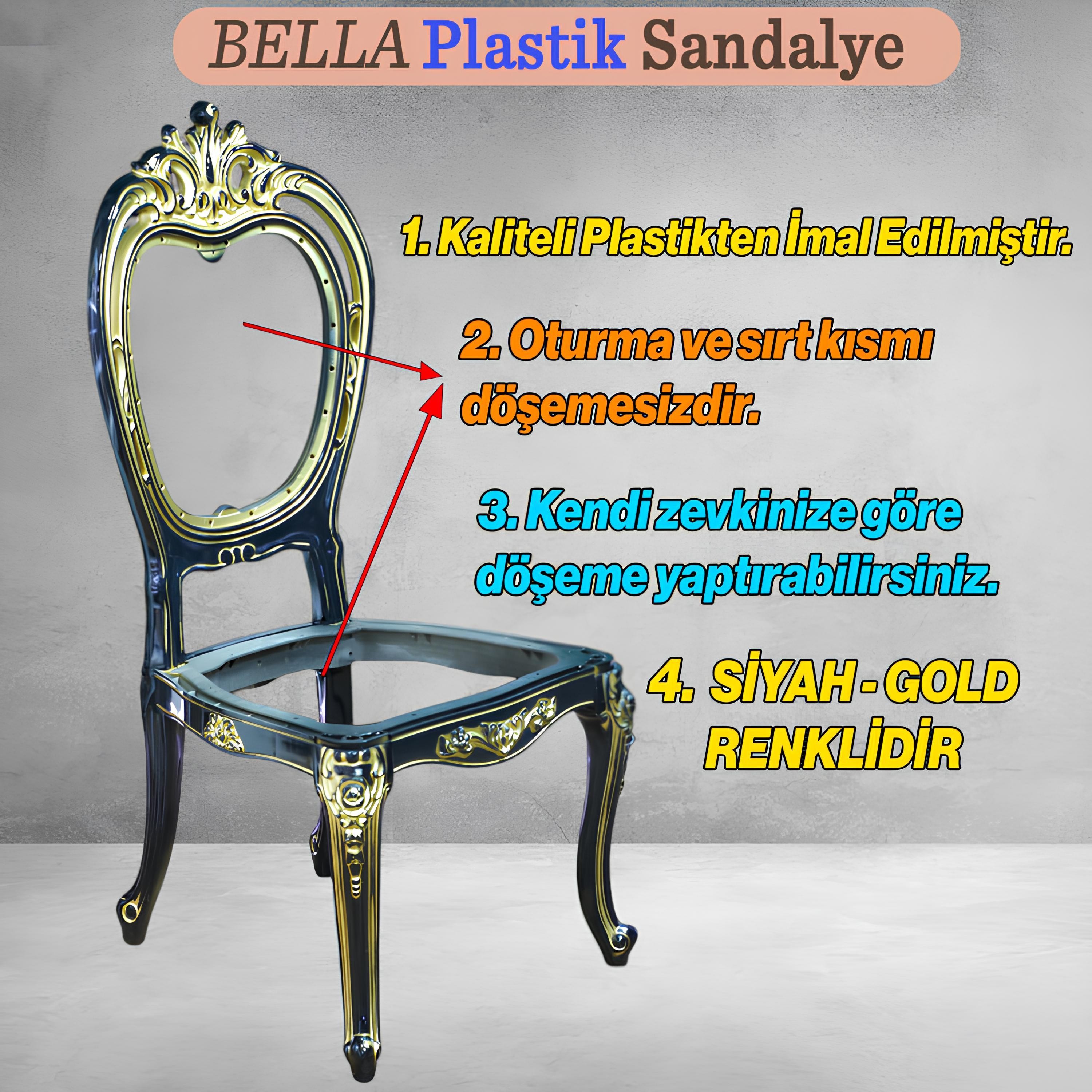 Bella Sandalye Sert Plastik Siyah Gold Koltuk Bahçe Balkon Mutfak Yemek Masası Sandalyesi