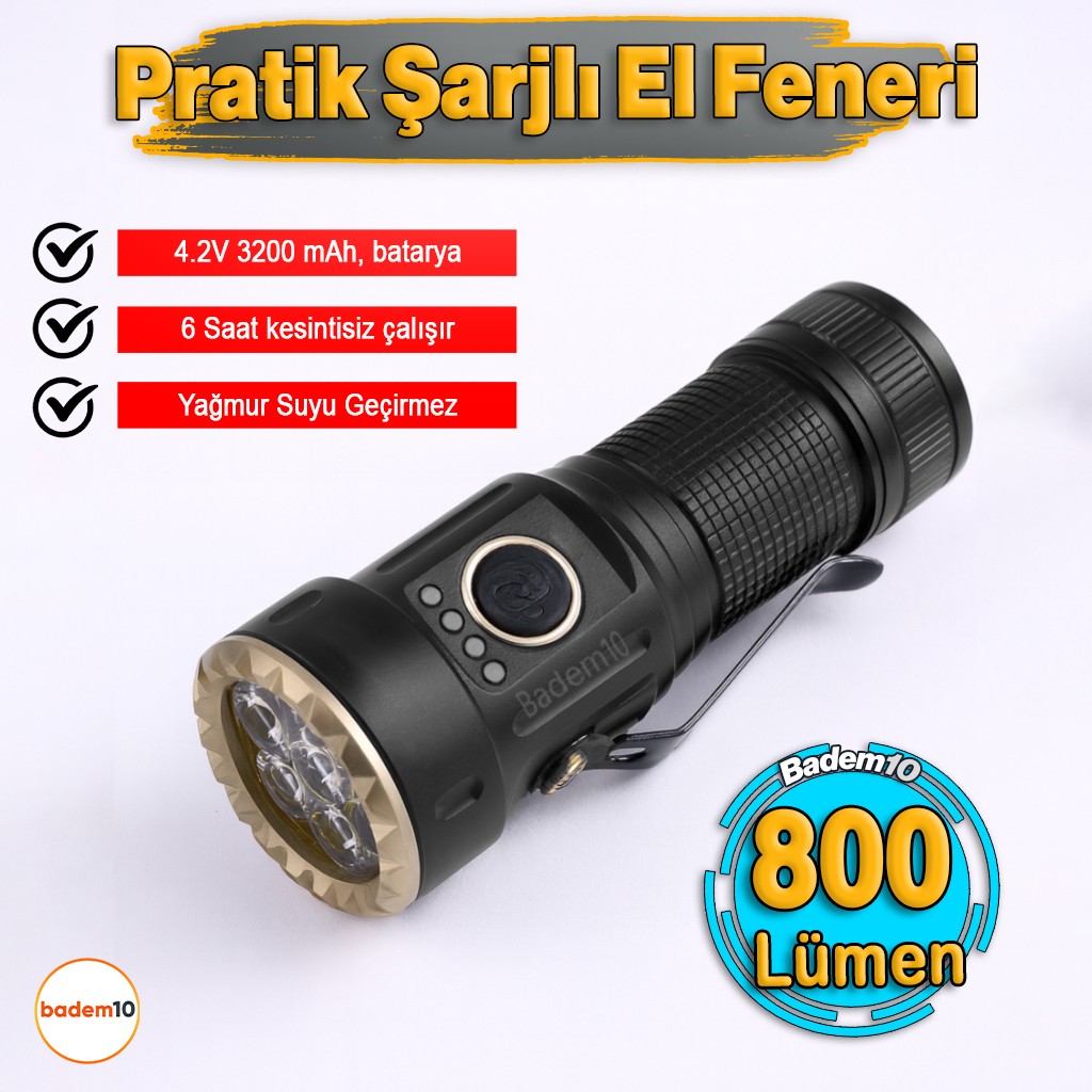 30W 800 Lümen Usb Şarjlı Ledli Kamp Taktik El Feneri Su Geçirmez Metal Gövde Araç Yüksek Işık Gücü