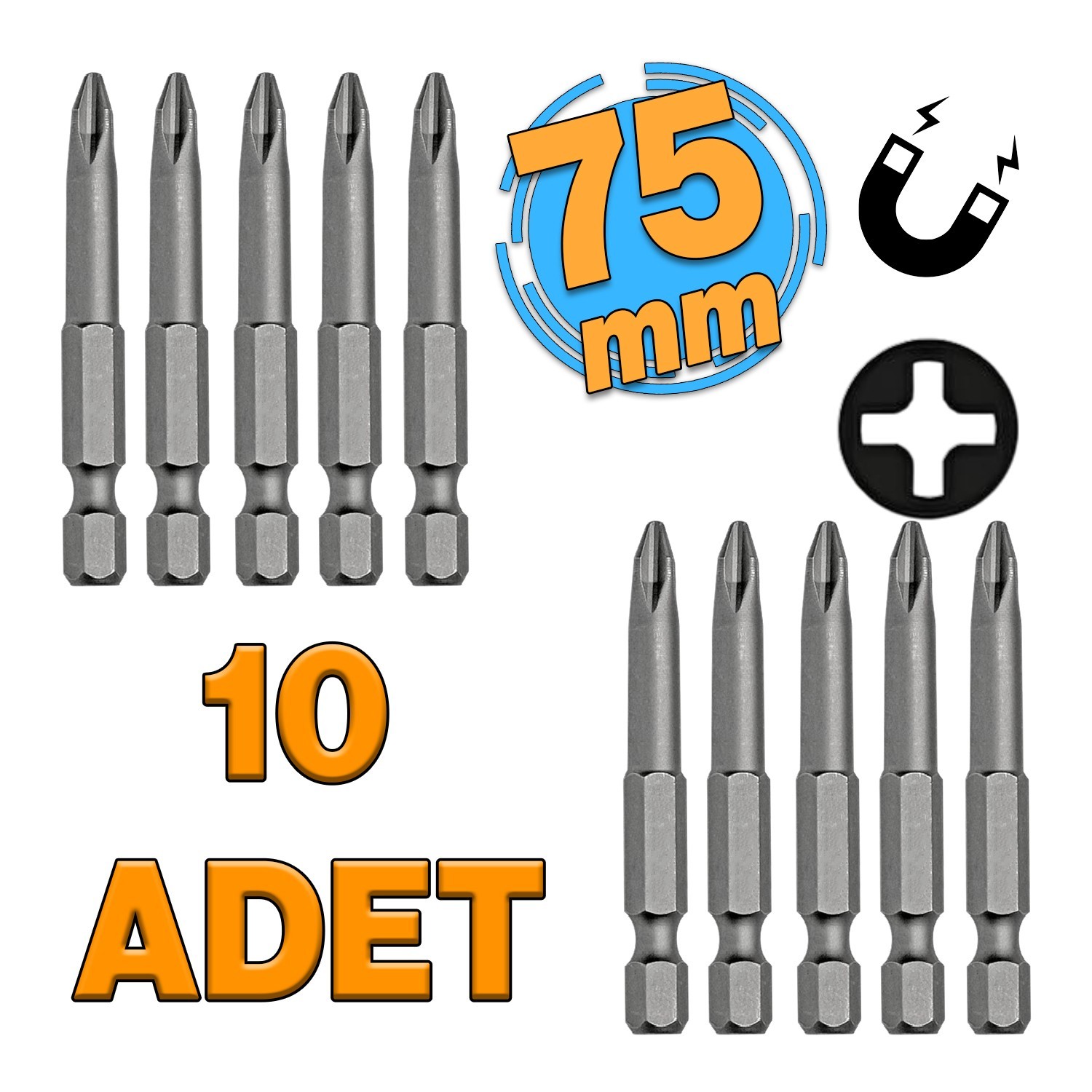 Mıknatıslı Yıldız PH2 Bits Uç 75 mm 10'lu Set Kutulu Manyetik 1/4" Matkap Ucu 7.5 cm Uzunluk