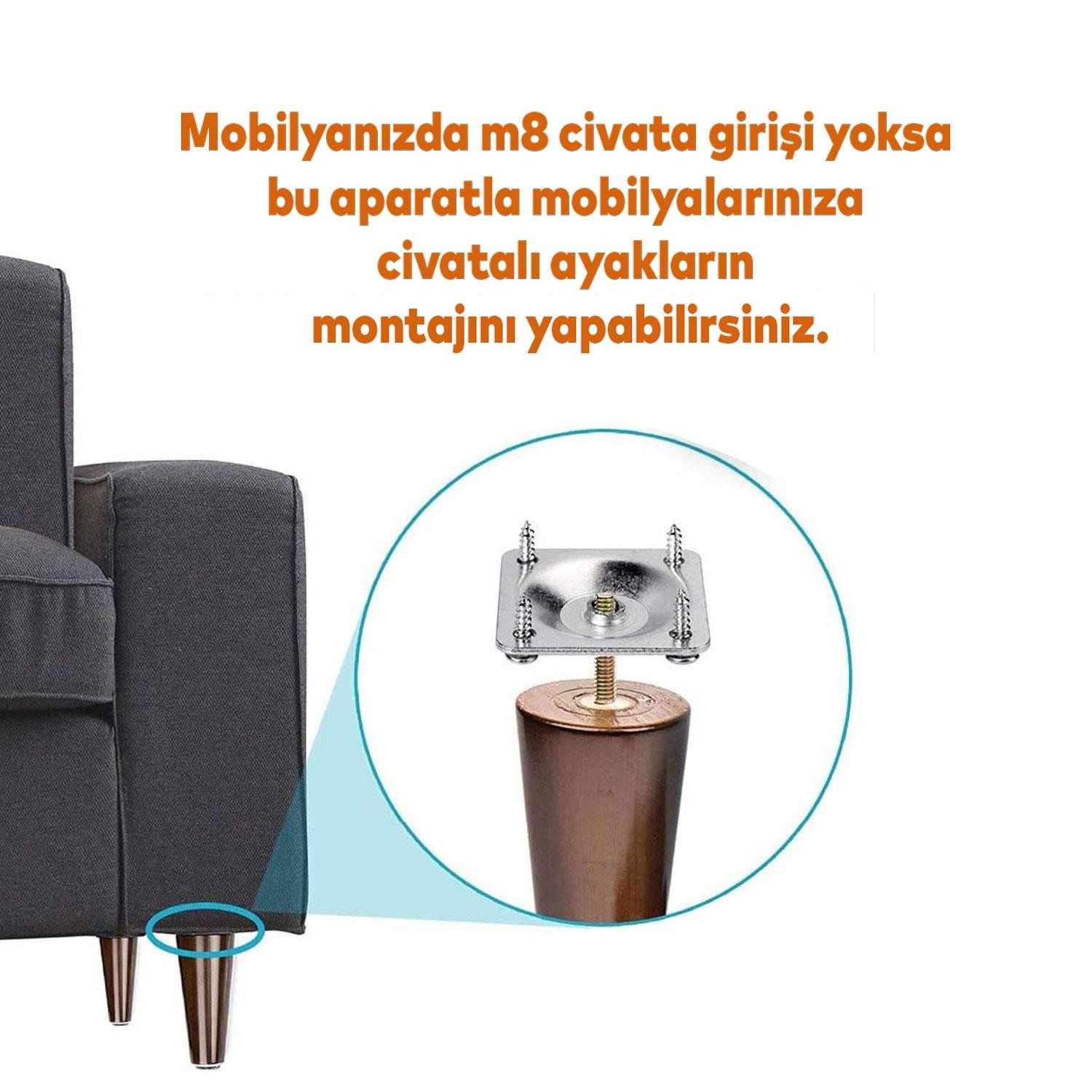 Mobilya Kanepe Baza Koltuk Destek Ayağı M8 Civata 12 Cm Kahverengi Ayakları Bağlantı Aparatı 8li Set