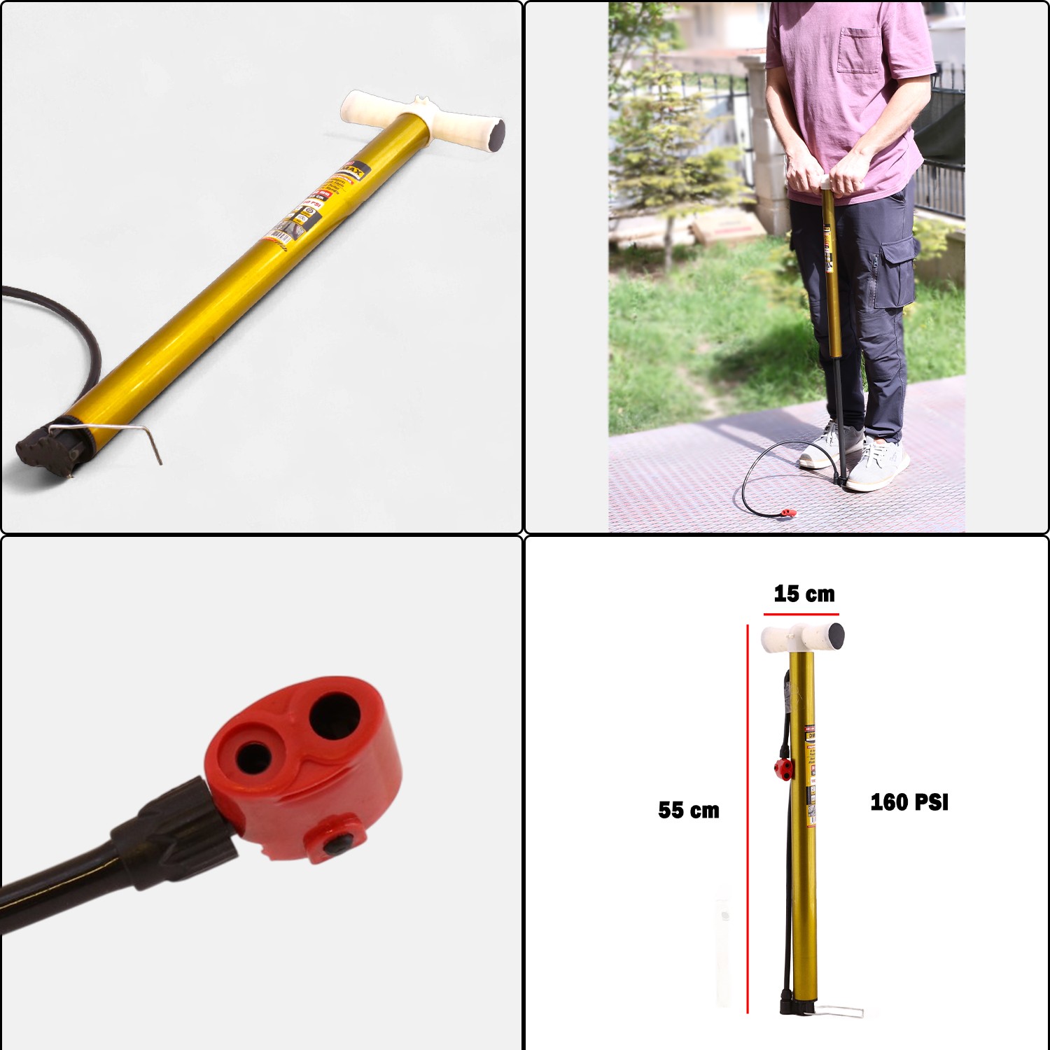 Klasik Bisiklet Pompası 55 cm Pratik El Tipi Ayak Tutamaklı Metal Borulu Top Lastik Şambrel Şişirme