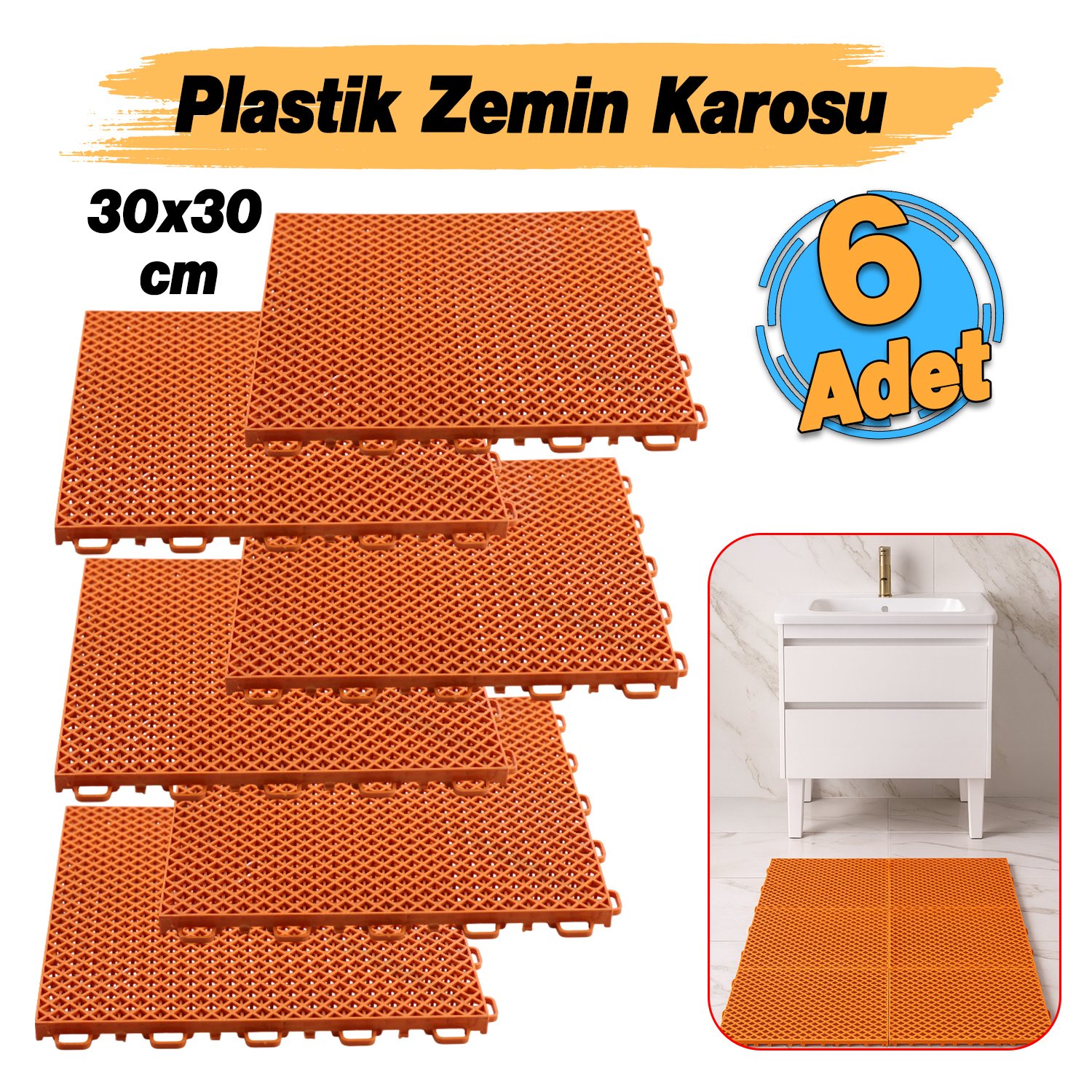 Plastik Karo Banyo Wc Lavabo Tuvalet Zemin Izgarası 30x30 cm Turuncu Renk 6 Adet Kaydırmaz Izgara