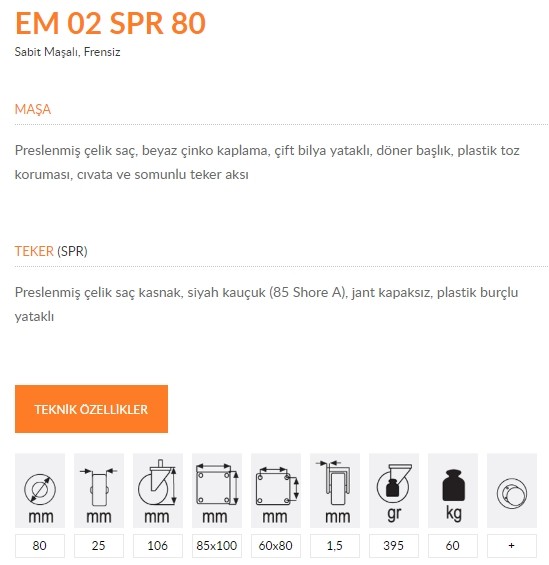 Emes EM02 SPR 80 Sabit Maşalı Frensiz Teker 80 mm 60 Kg