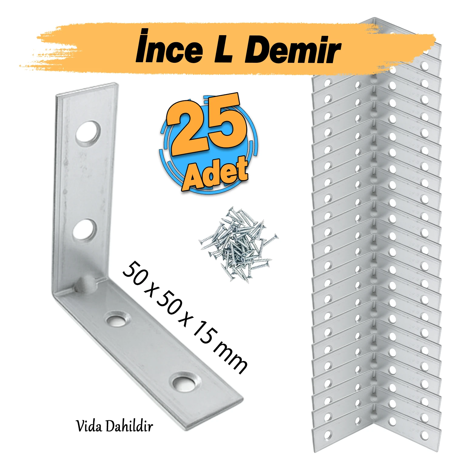 (25 ADET) Metal Köşebent 50x50x15 mm İnce L Demiri Gönye Mobilya Duvar Sabitleme Bağlantı Aparatı