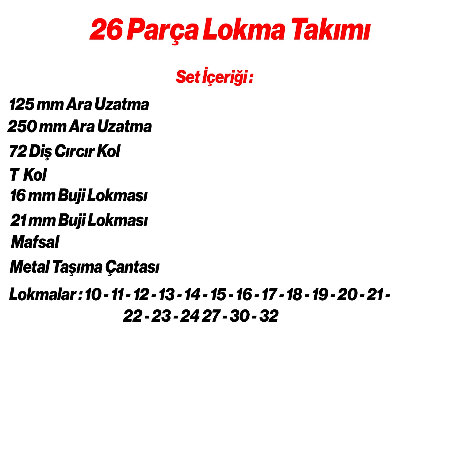 Lokma Seti 1/2" CR-V Çelik 26 Parça Profesyonel Tamir Bakım Lokma Anahtar Ucu Çok Amaçlı Set