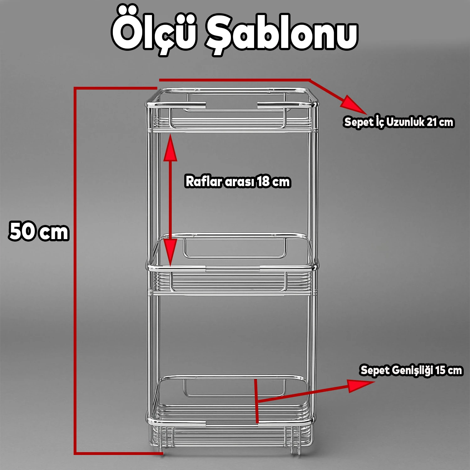 Banyo Duş Köşe Rafı Üç Katlı Kare Şampuanlık Krom Paslanmaz Metal Düzenleyici Raf Sistemi 50 cm