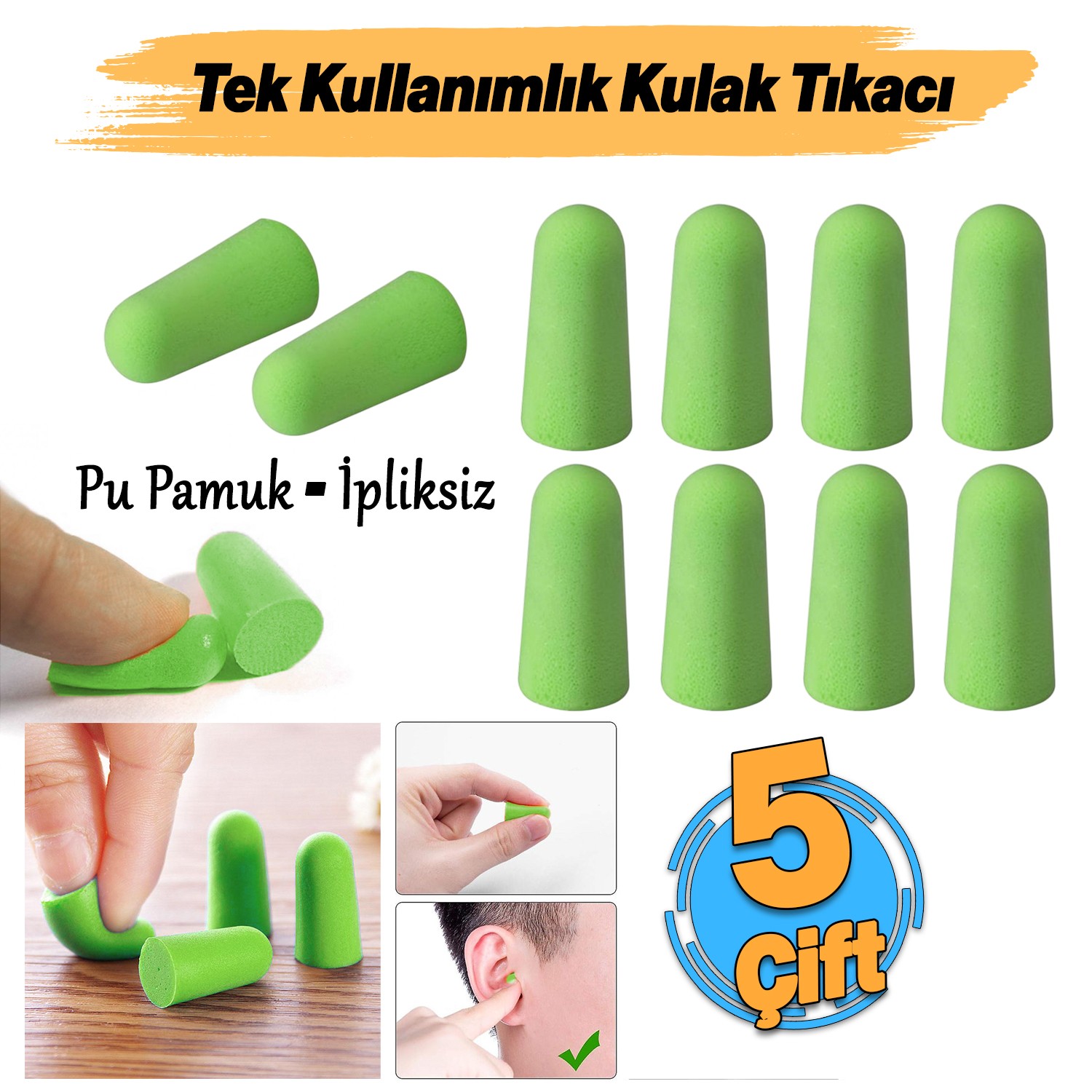 Tek Kullanımlık Kulak Tıkacı (5 Çift) 36 Db Pu Pamuk Tıkaç Gürültü Ses Önleyici Yüzme Su Koruyucu