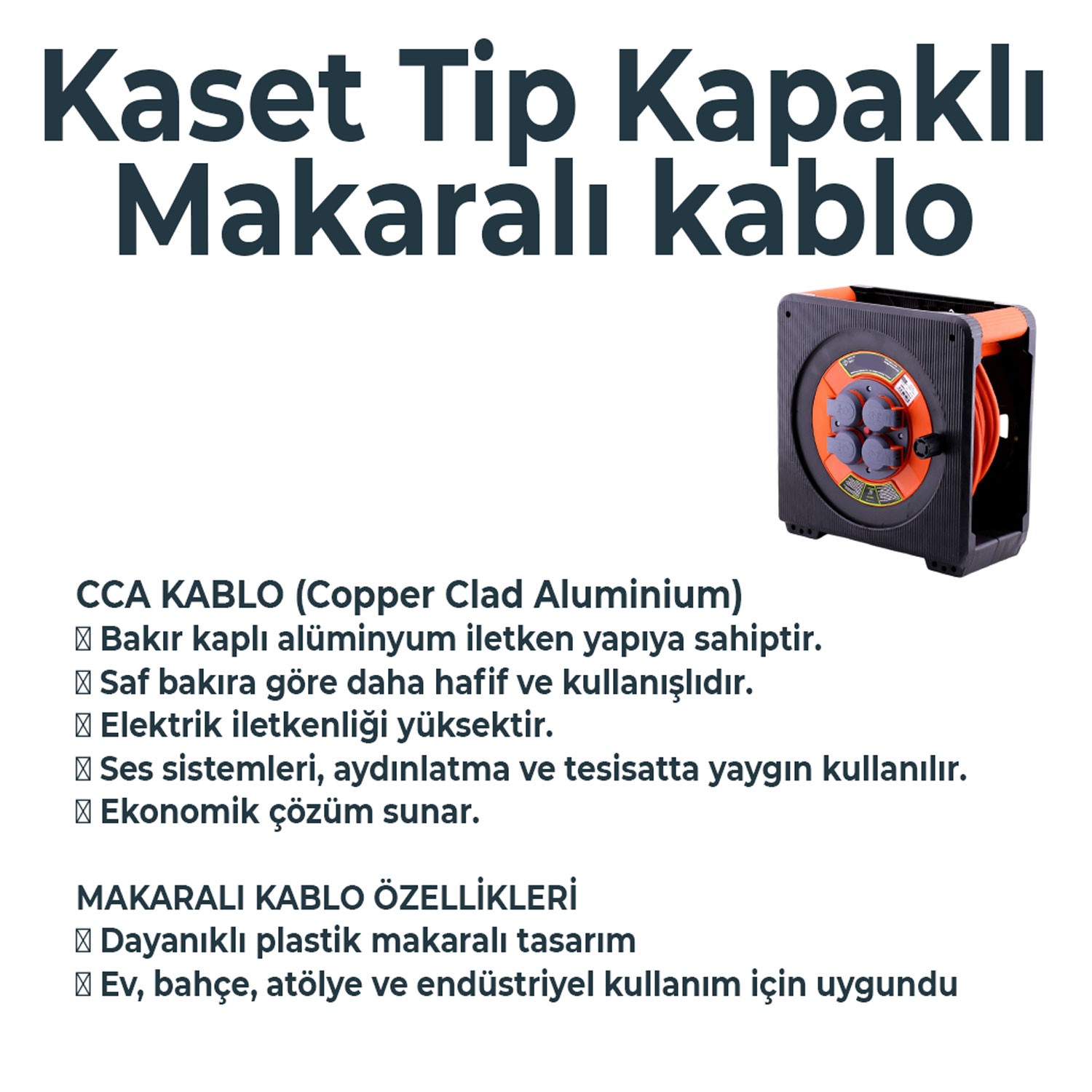Makaralı 3x2.5 mm 20 Mt CCA Uzatma Kablosu Kapaklı 4 Prizli Monofaze Termal Sigortalı Plastik Seyyar