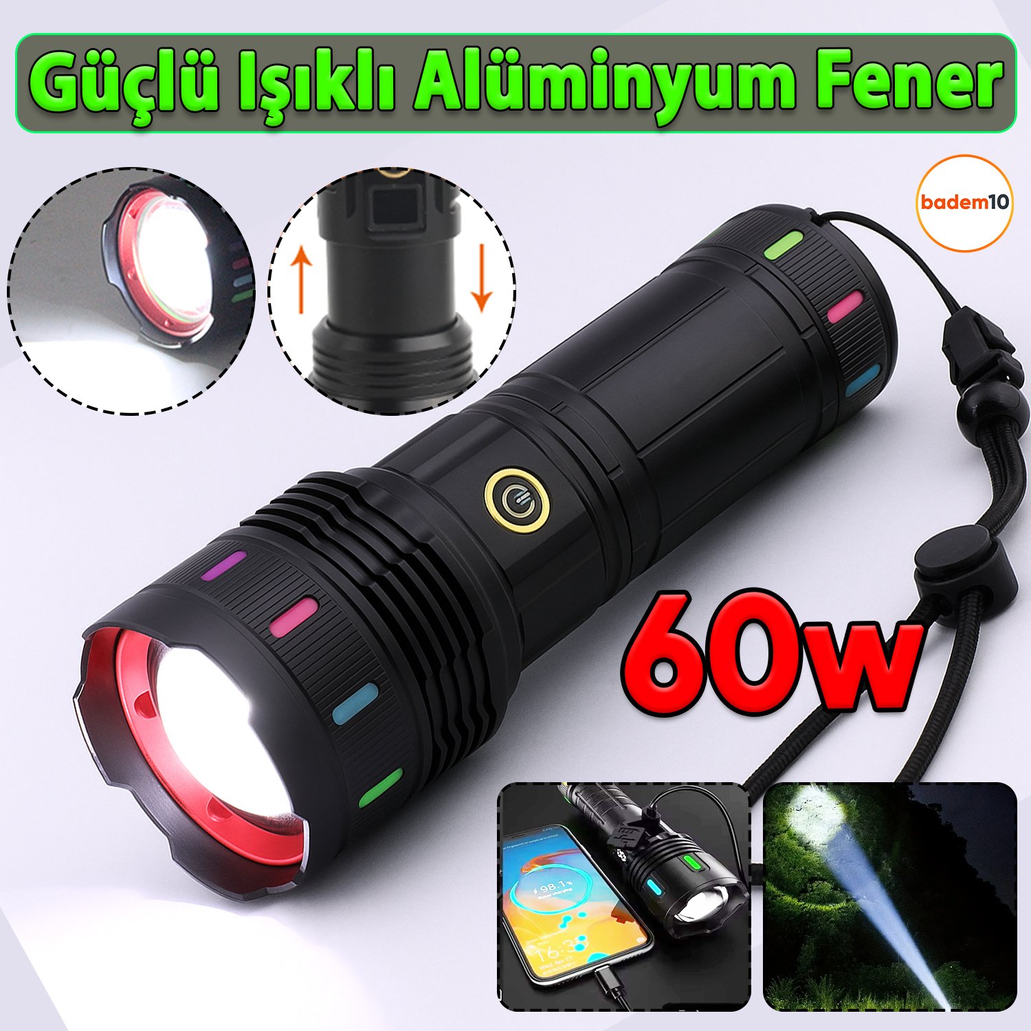 2500 Lümen Şarjlı Powerbank LED El Feneri Süper Parlak 60W Uzun Menzilli Su Geçirmez Ev Kamp Fener