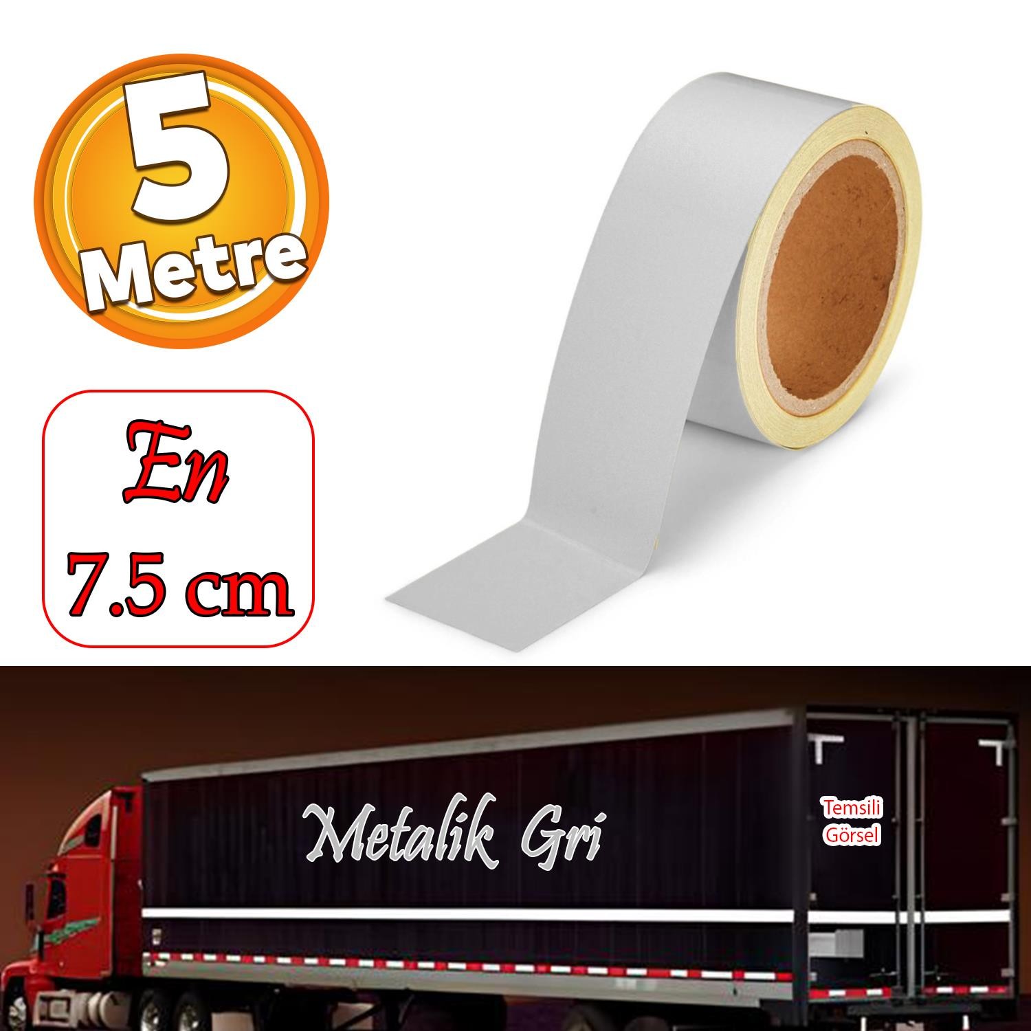 Düz Desensiz En 7.5 cm 5 Mt İkaz Bandı Reflektif Metalize Gri Renk Gece Parlayan Reflektörlü Bant