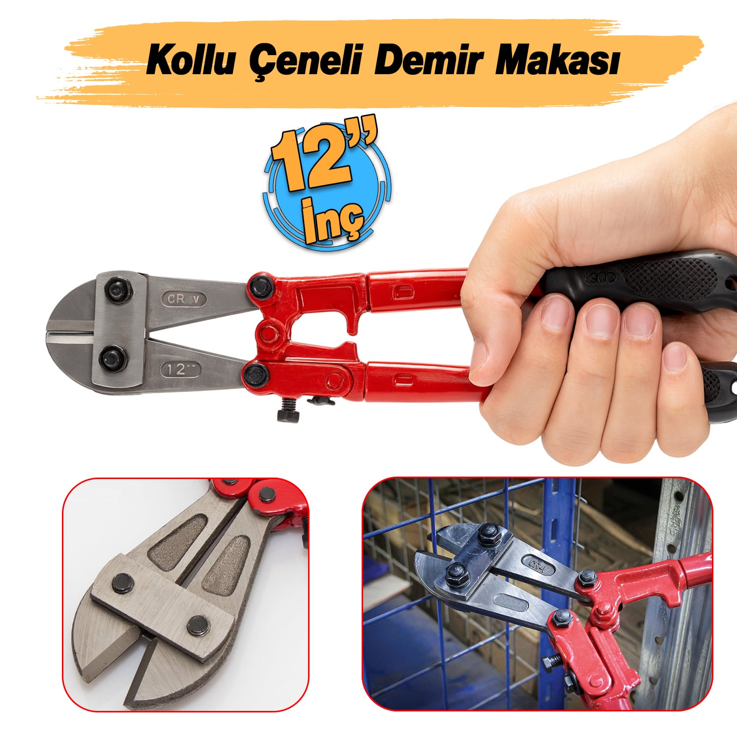 Kollu Çeneli Kupplon Demir Kesme Makası 12'' Çubuk İnşaat Teli Metal Kesim Makası Vanadyum Çelik 