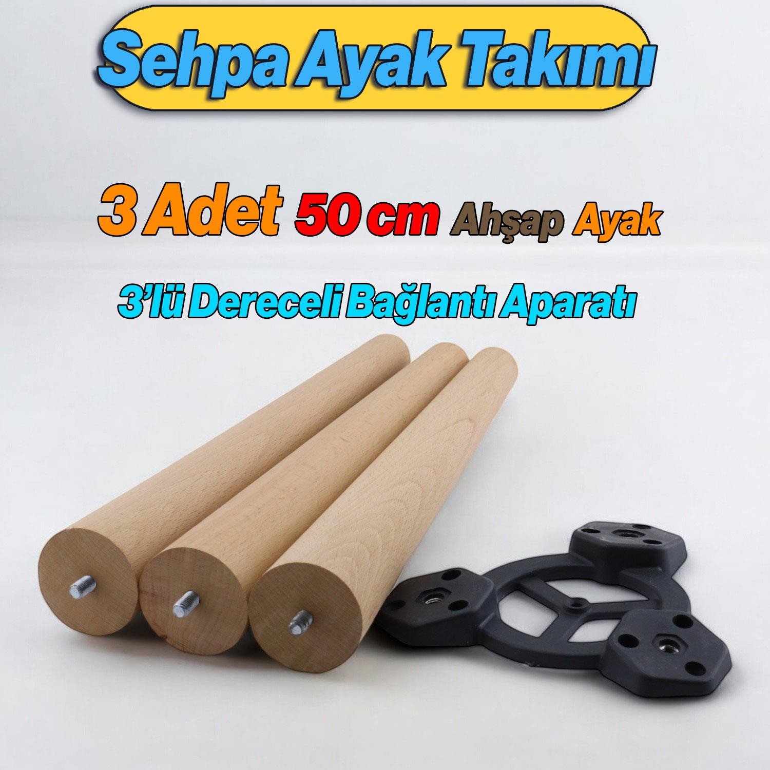 Ahşap Sehpa 3'lü Ayak Takımı 50 cm Zigon Puf Tabure Ayağı Masa Ayakları 50 cm Bağlantı Aparatı Dahil