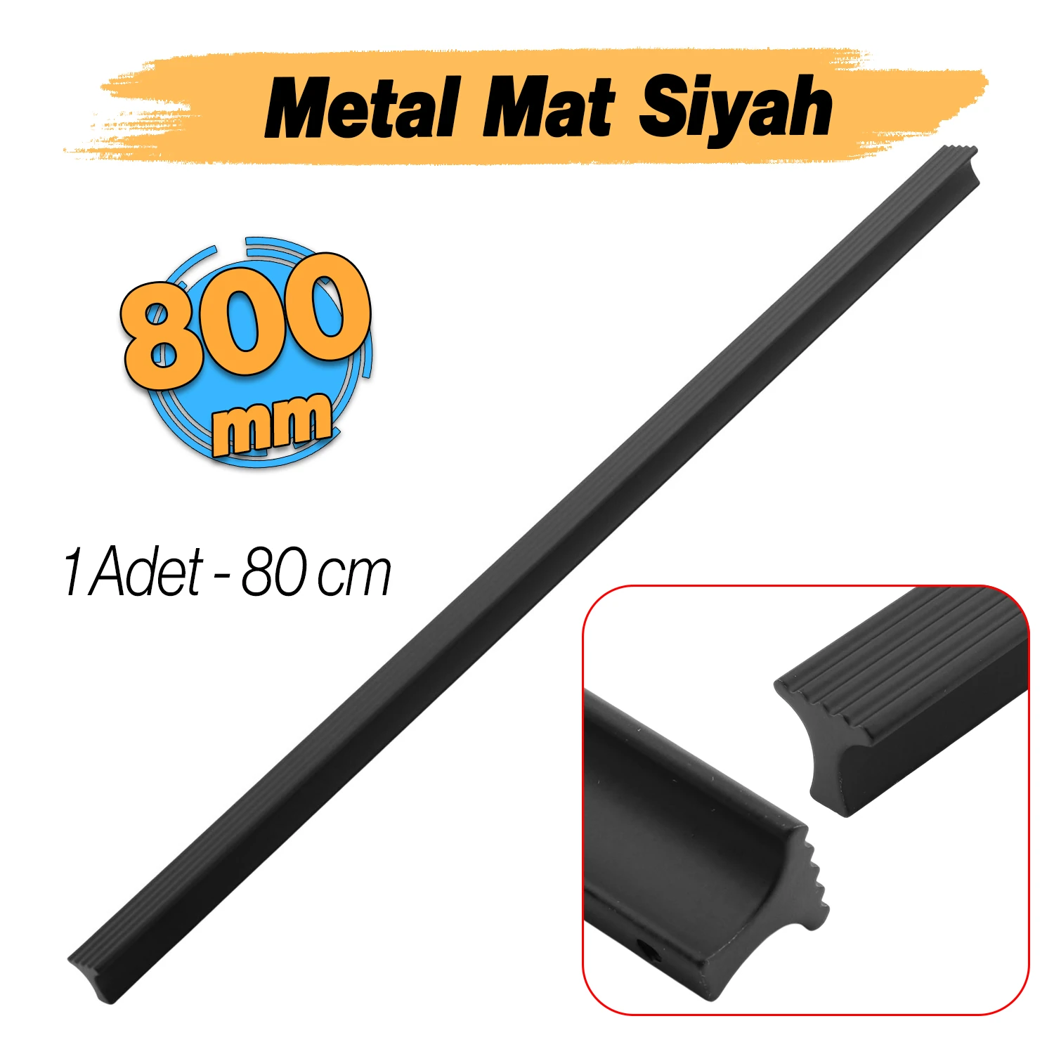 Foça Mat Siyah 800 mm 80 cm Uzun Metal Kulp 3 Vidalı Mobilya Çekmece Dolap Kapak Kulpları Premium