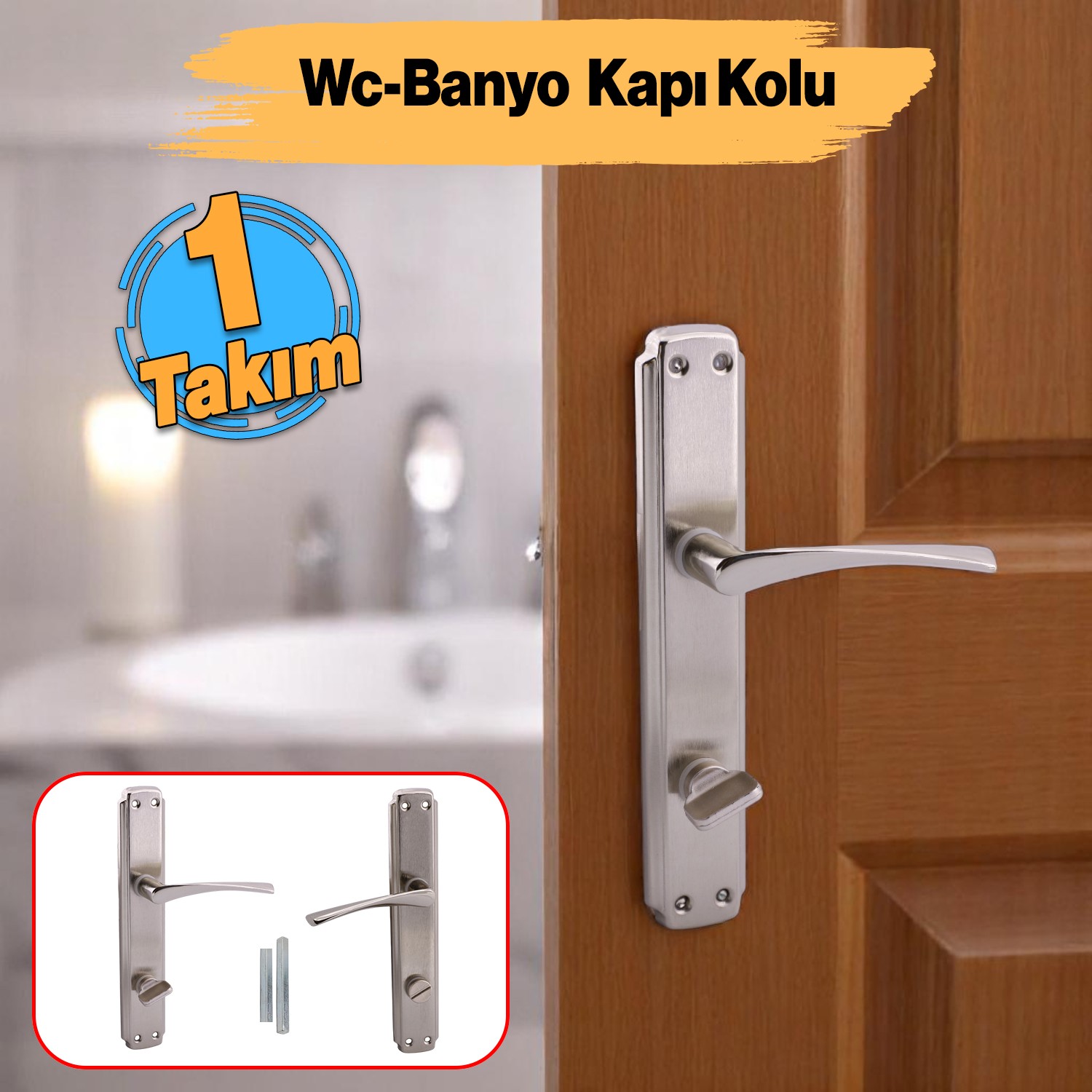 Kilitlenebilir WC Banyo Kapı Kolu Nikel İnox Aynalı Sağa Sola Uygun İç Dış Tuvalet Kapısı 1 Takım