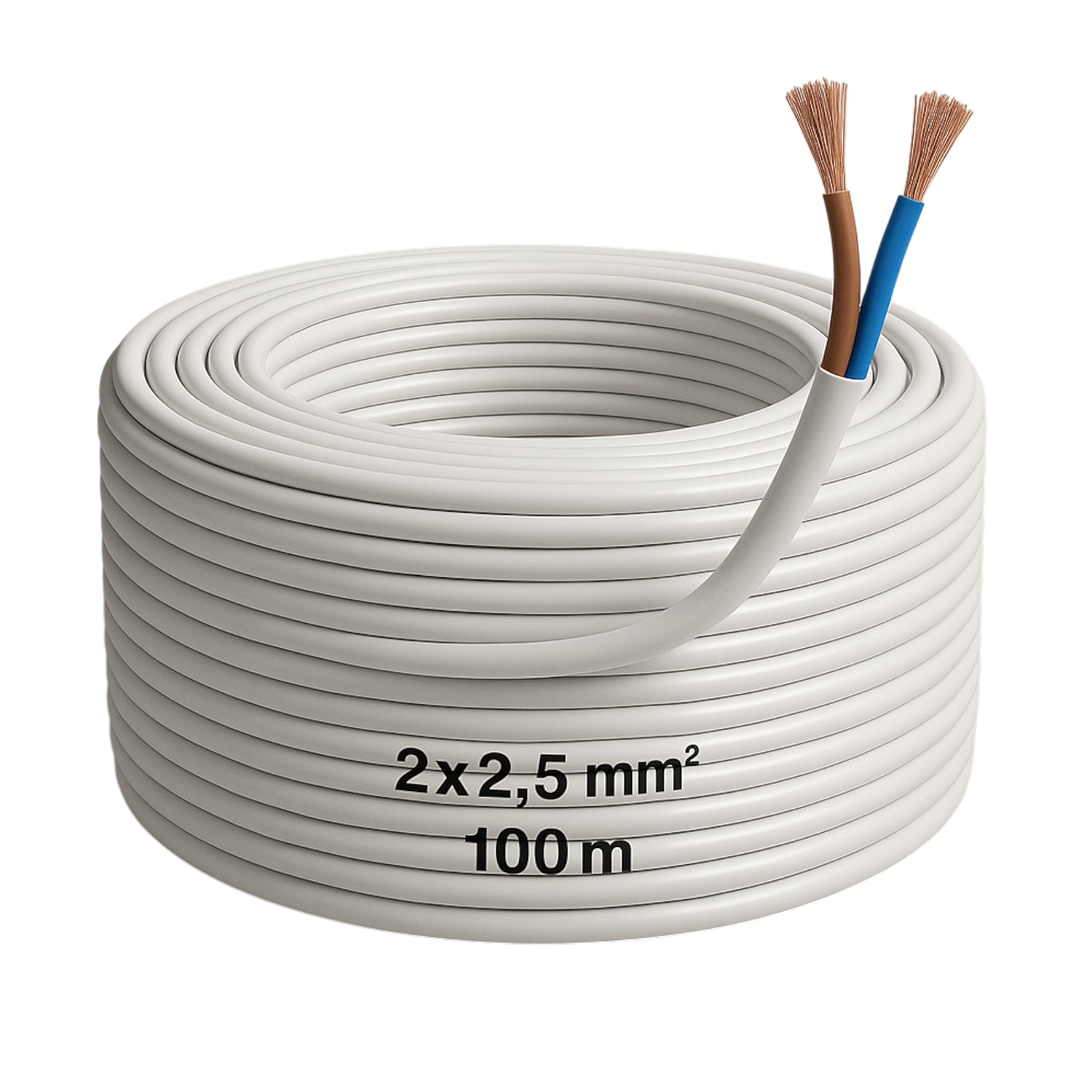 CCA Çok Telli Kablo 2x2.5 mm 100 Metre Elektrik Kablosu Topraklama Yok Alüminyum Alışım Beyaz Renk