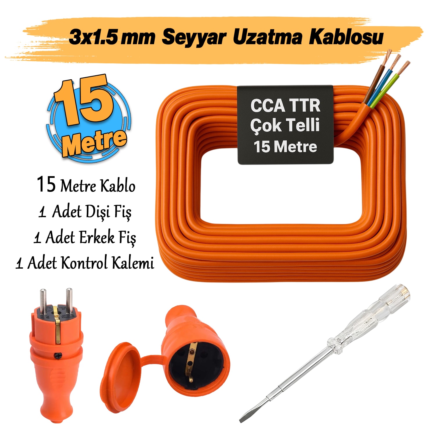 Seyyar 15 Metre Uzatma Kablosu TTR CCA Telli 3x1.5 mm Elektrik Kablo Kontrol Kalem Dişi Erkek Fiş