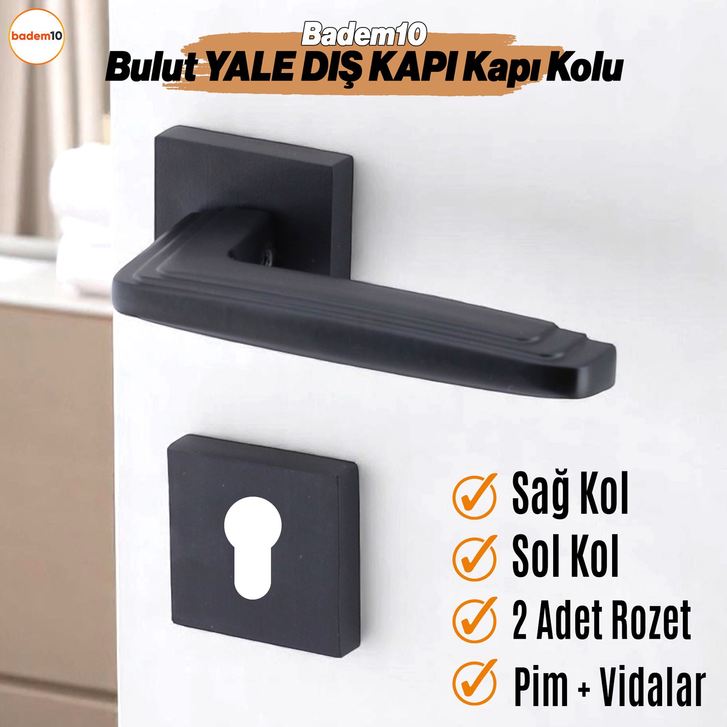 Bulut YALE DIŞ KAPI Kolu Siyah Kare Rozetli Sağa Sola Uygun Ev Kapı Kolları Kilitlenebilir 1 Takım