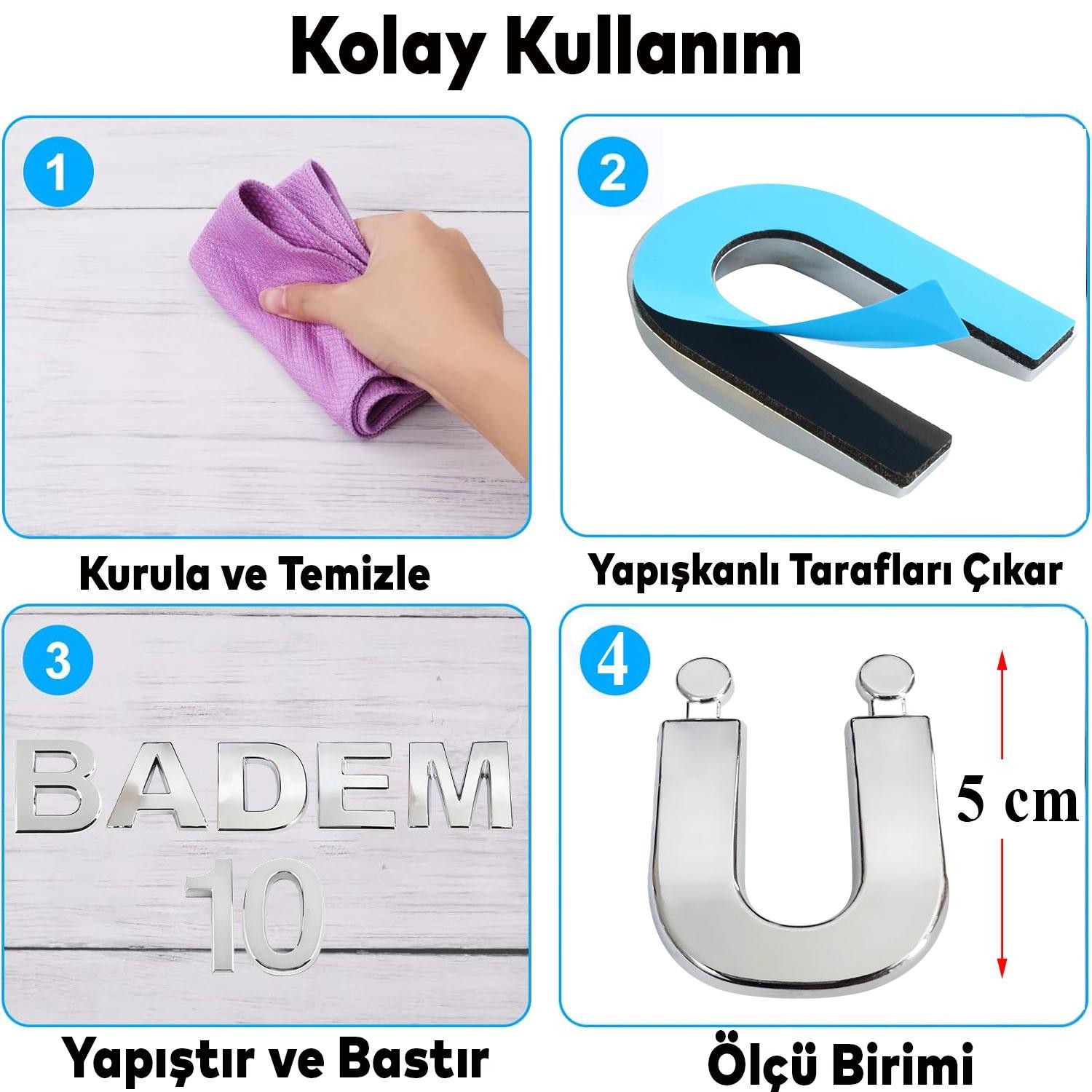 Harf Yapışkanlı Ü Harfi 5 cm Kapı Oda Posta Kutusu Oto Araç Harfi Yazısı Parlak Krom Gümüş 