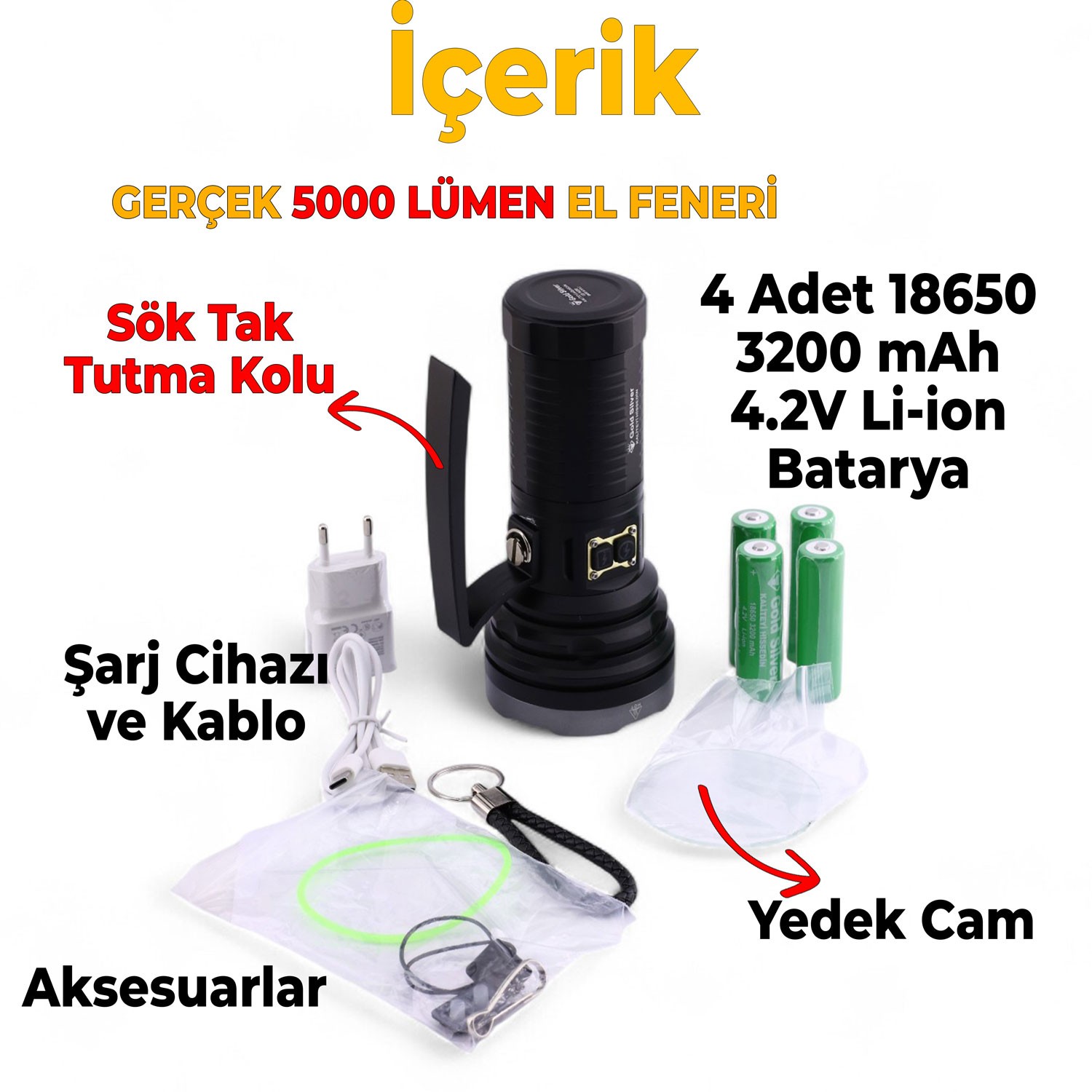 El Feneri 5000 Lümen Uzun Menzil 50W Li-ion 4 x 3200 mAh Şarjlı Powerbank Ledli Su Geçirmez Kamp