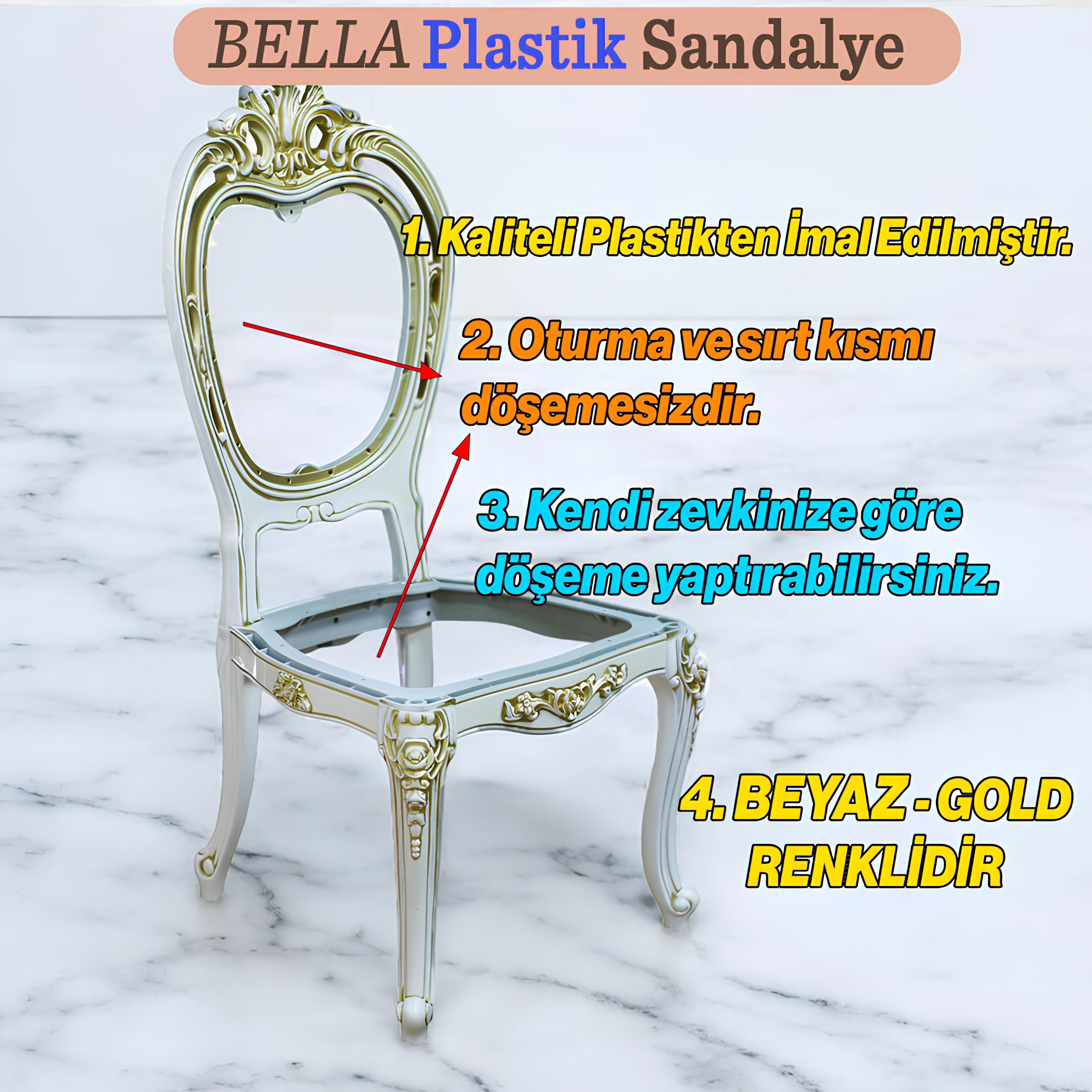 Bella Sandalye Sert Plastik Beyaz Gold Koltuk Bahçe Balkon Mutfak Yemek Masası Sandalyesi