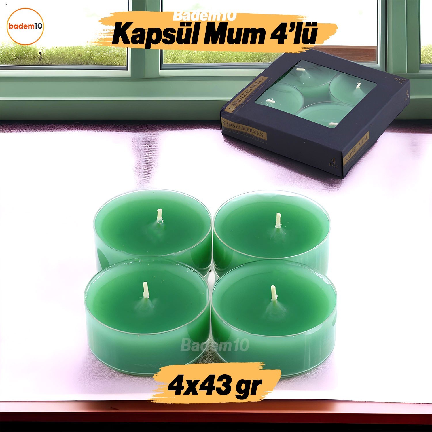 Tealight Kapsül Mum 4x43 Gr Dekoratif Mumu Kandil Hediyelik Fitilli Mumluk Şamdan Yeşil Renk Kokulu